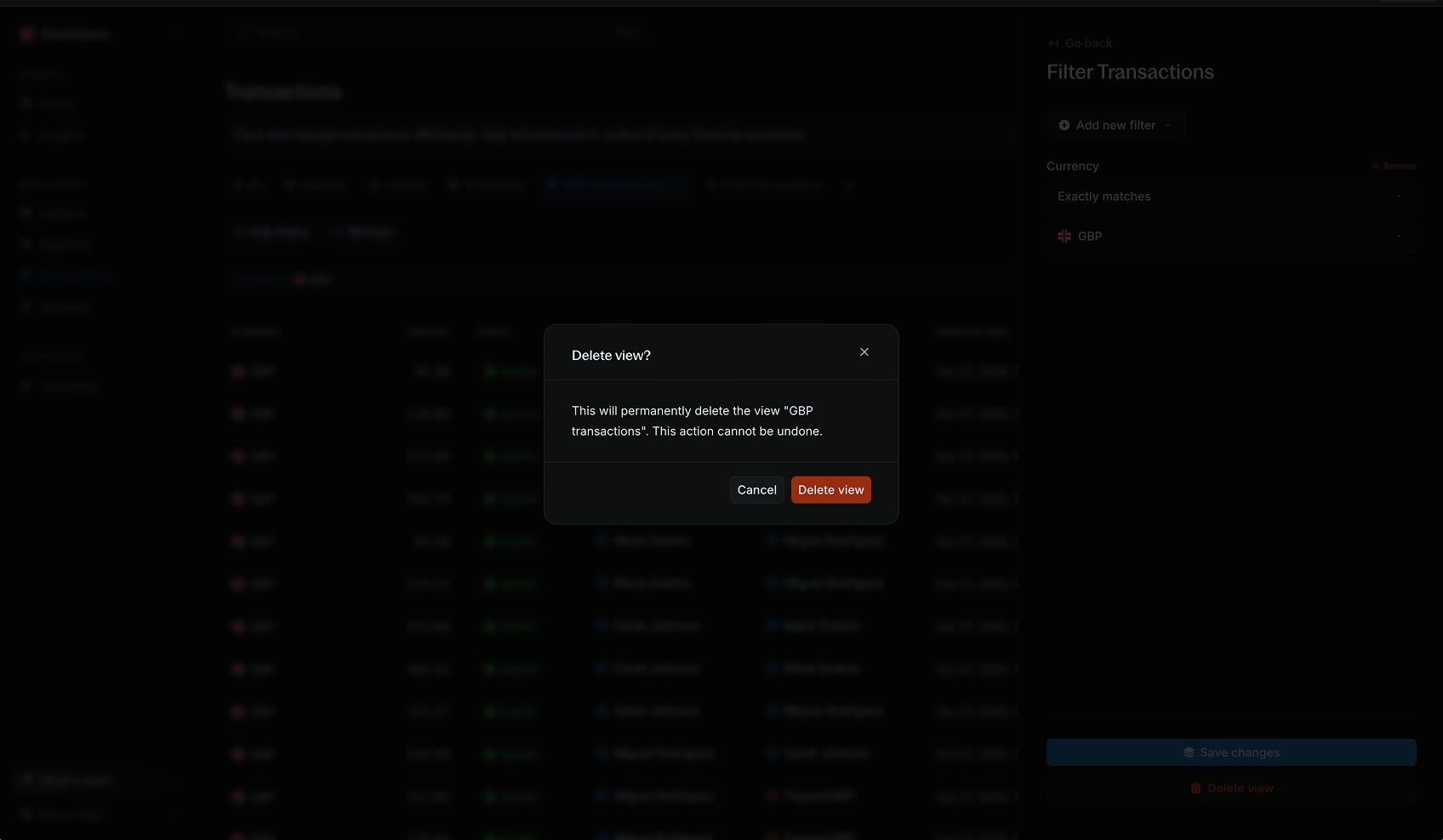 Delete view confirmation modal with warning message