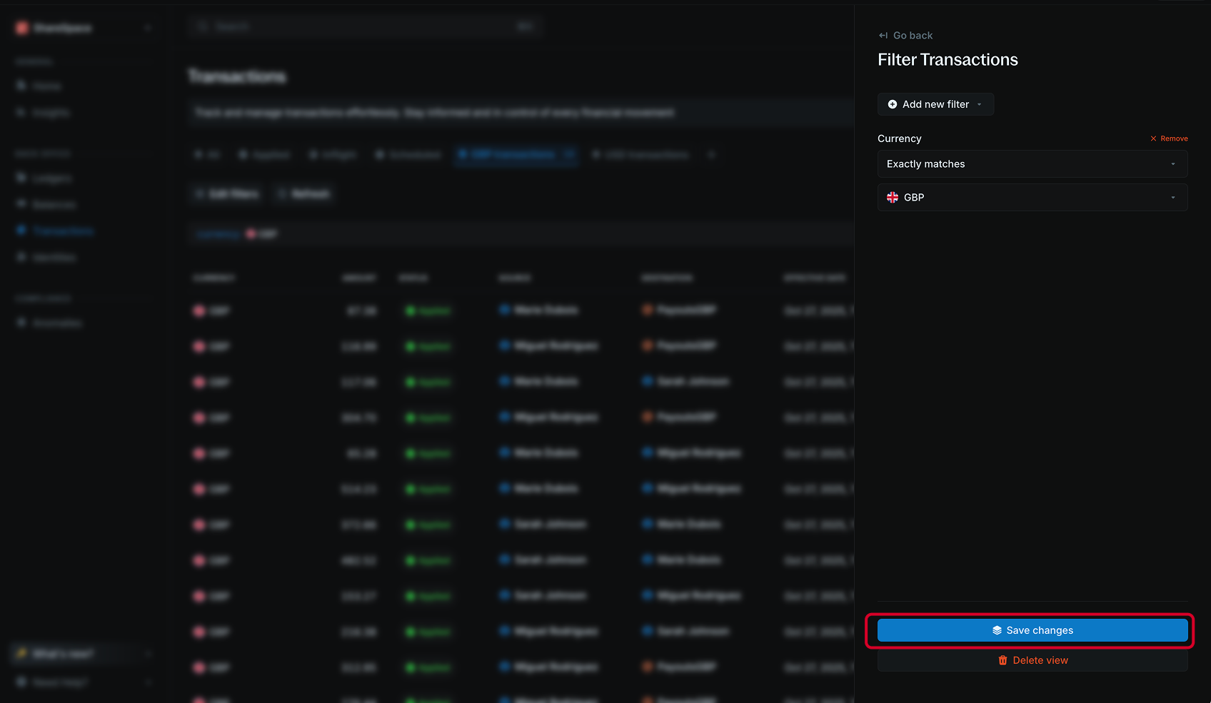 Edit view modal showing options to modify filters and view details