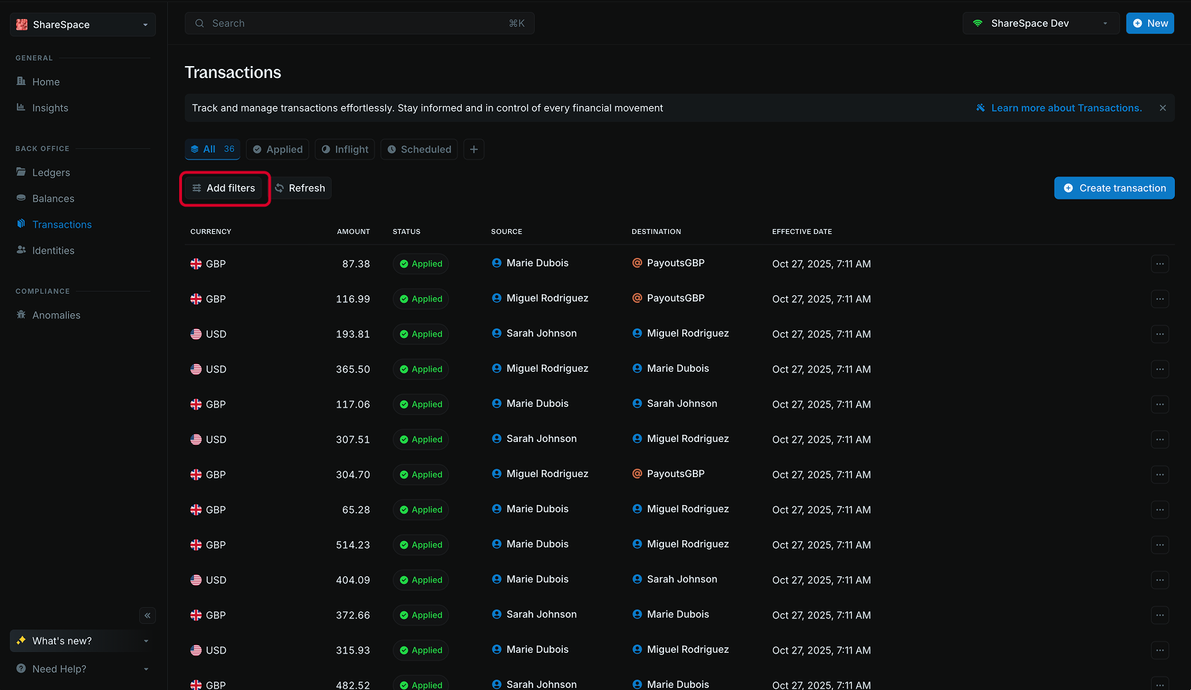 Overview of filters functionality showing the Add filters button in a data table