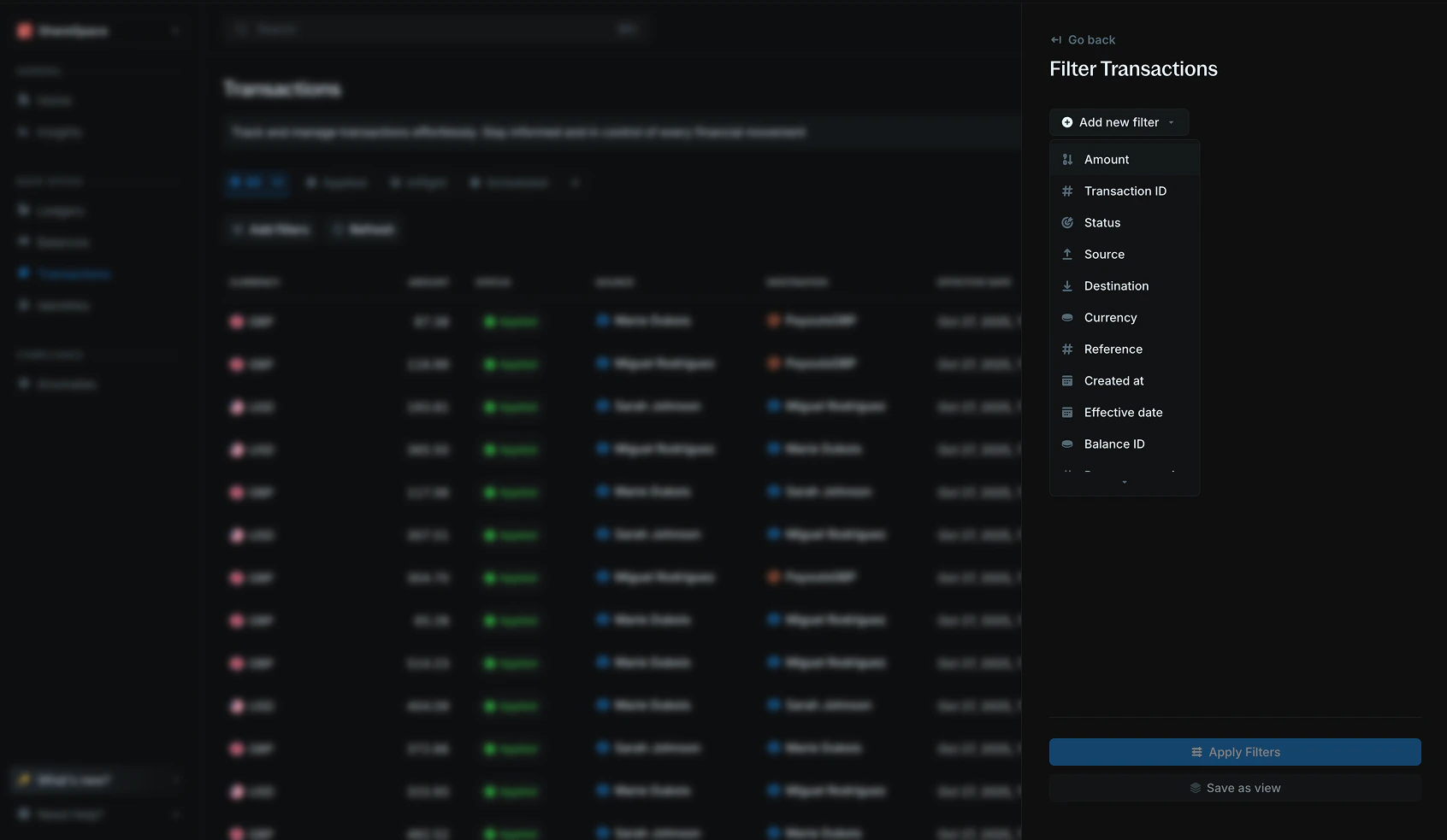 Filter panel showing available fields and operators for filtering data