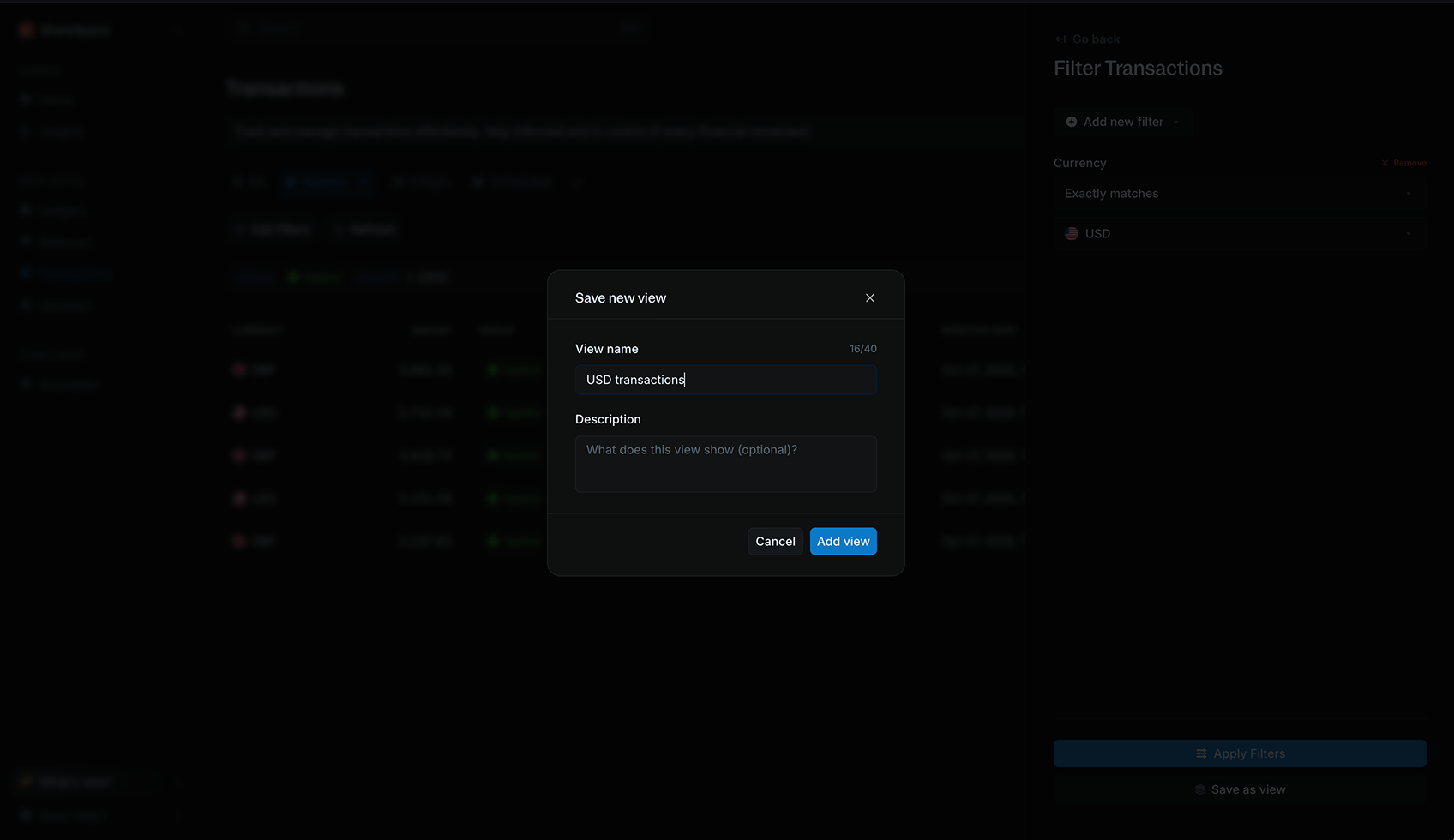 Save as view modal showing name and description fields