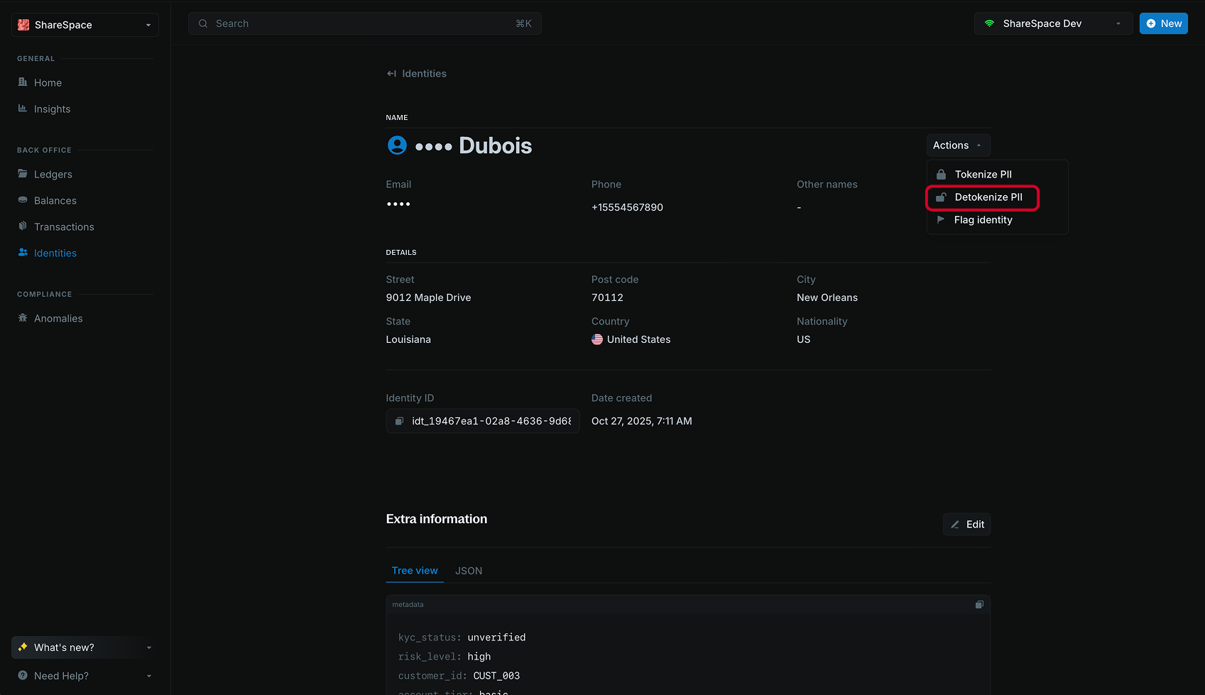 Detokenize actions dropdown menu in the identity details page