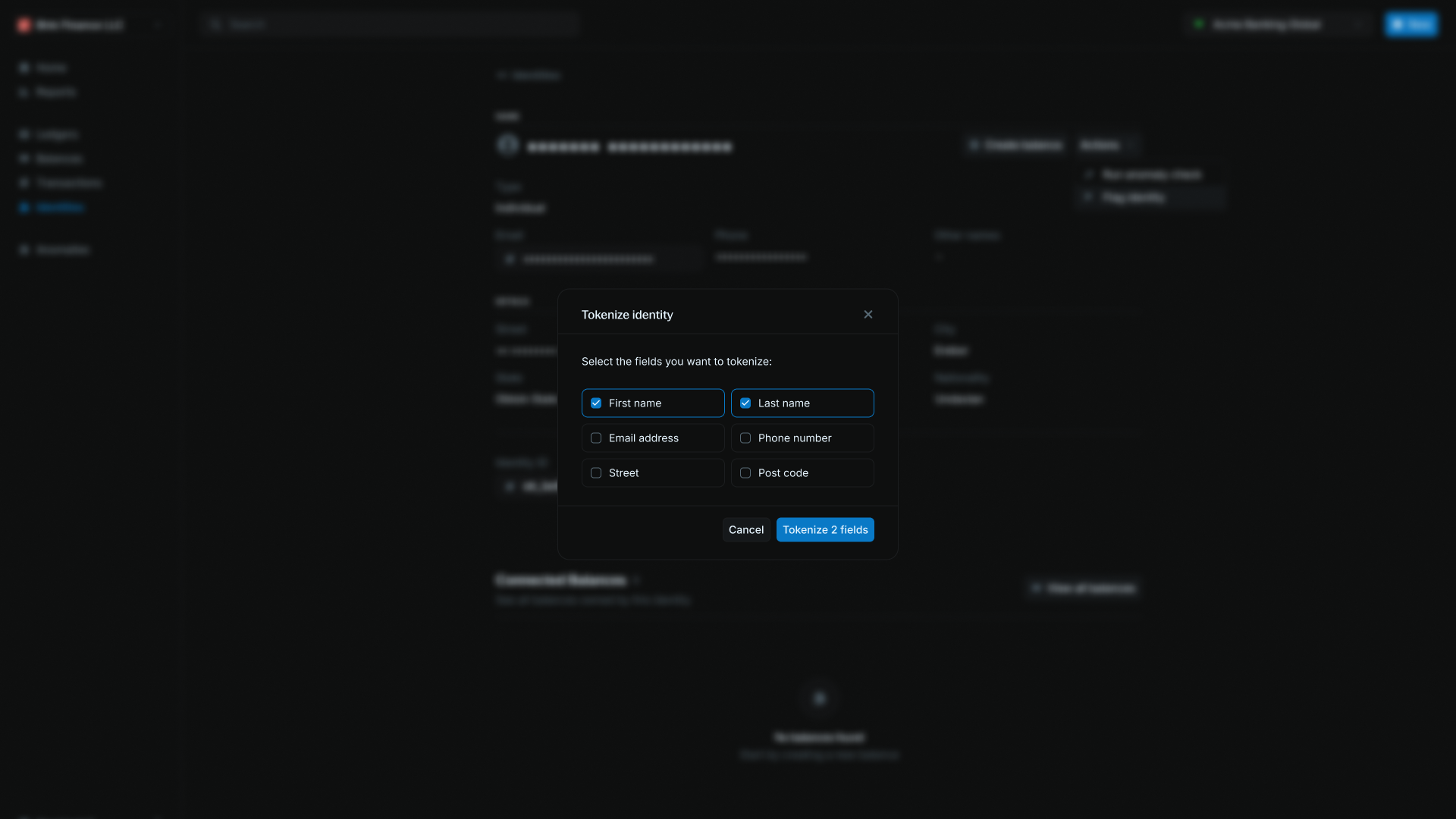 Tokenize modal showing field selection options for PII tokenization