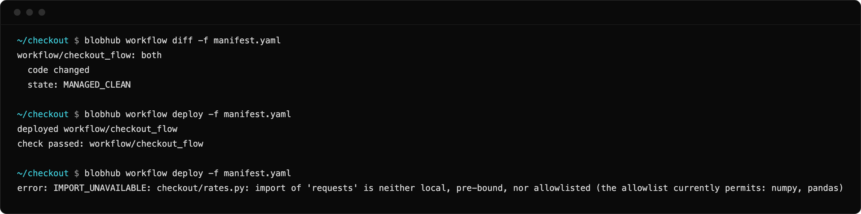 blobhub workflow diff and deploy in a terminal
