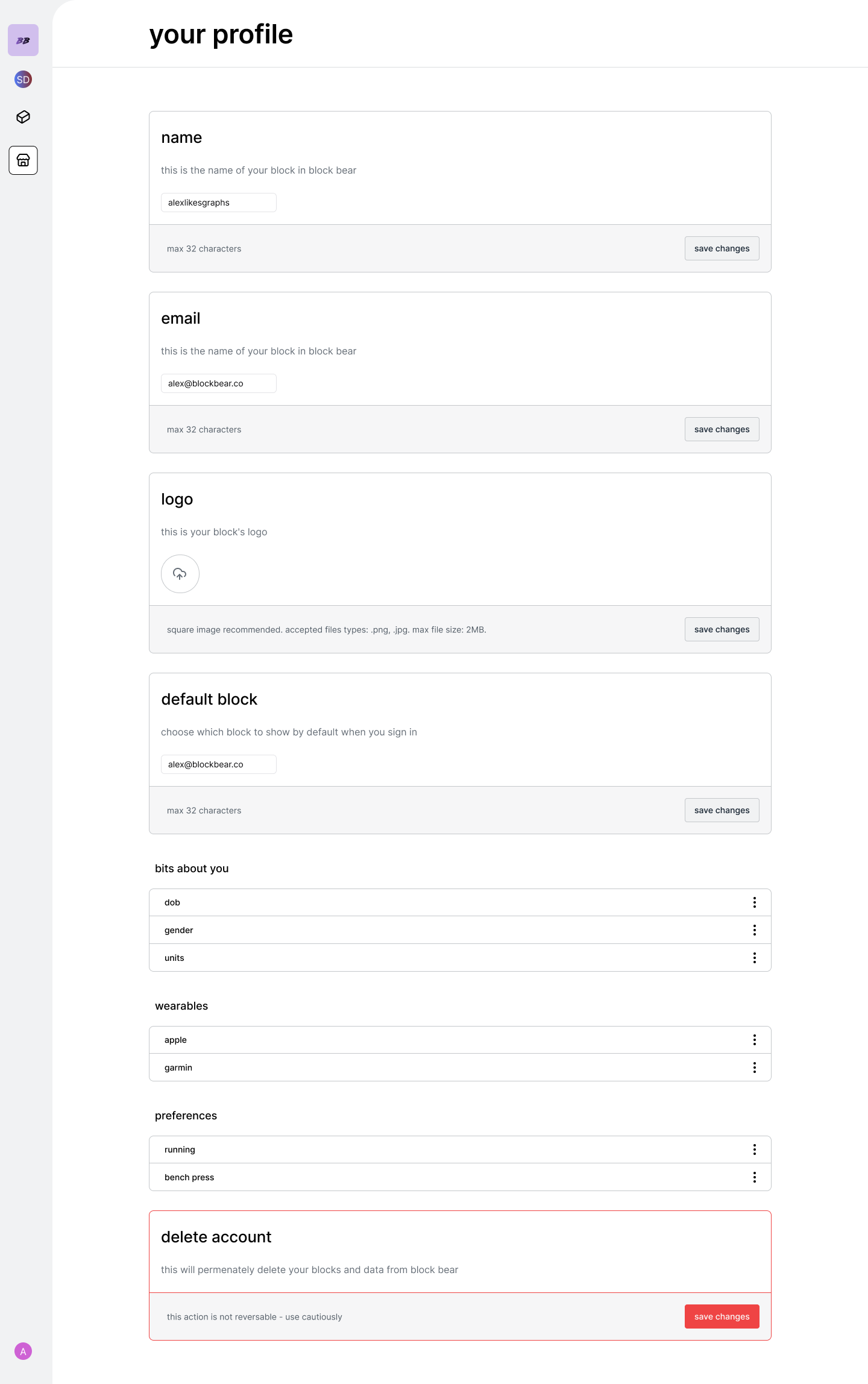 account settings - Block Bear
