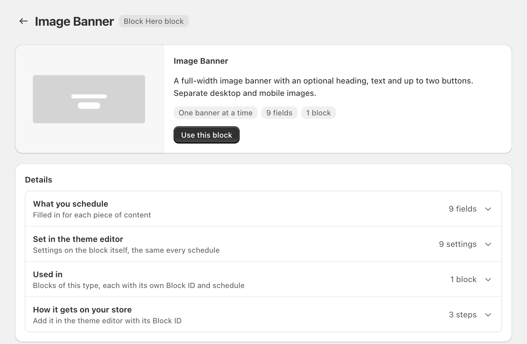 Blocks > Image Banner block page: the preview card with the Block Hero block badge and the Use this block button; the Details rows What you schedule, Set in...