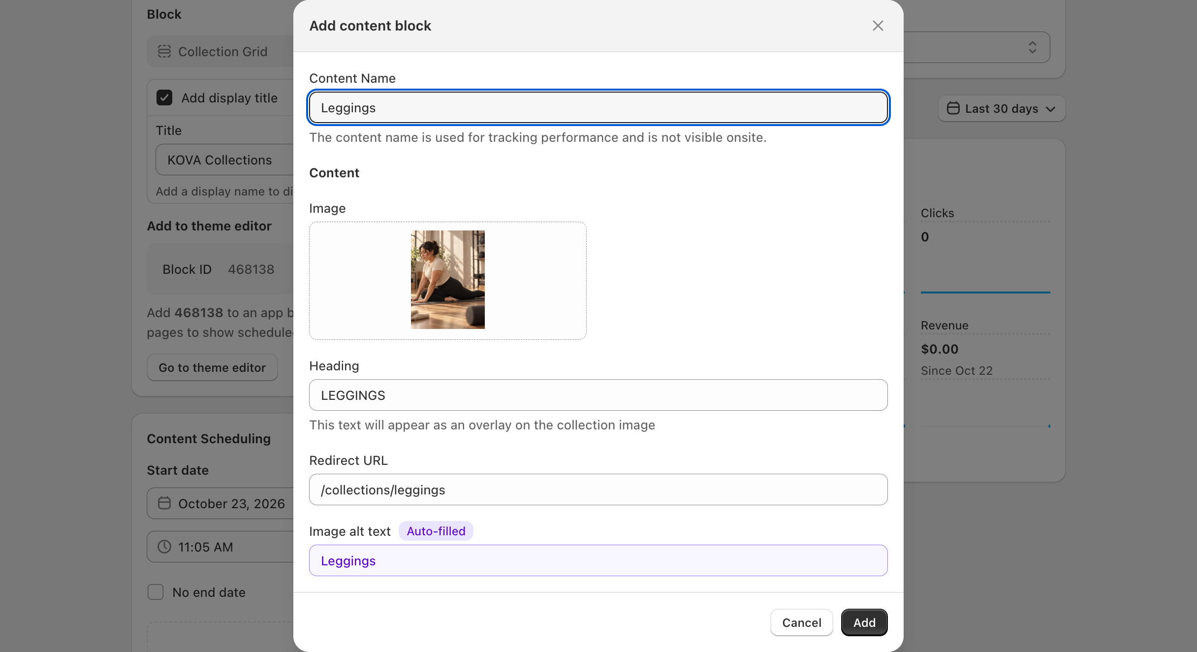 Collection Grid block page > Add content block > Add content block: Content Name, Image, Heading, Redirect URL and Image alt text