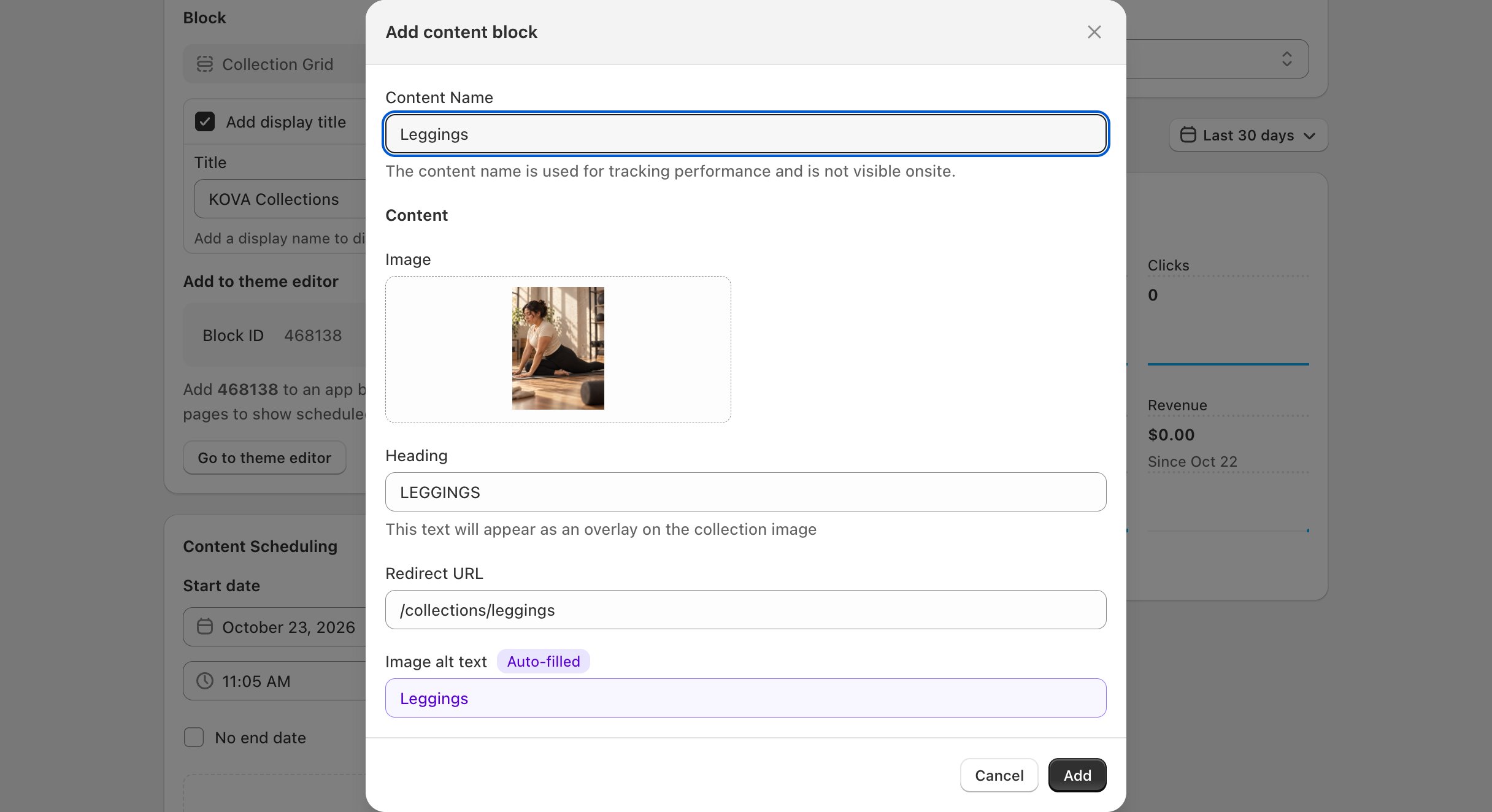 Collection Grid block page > Add content block > Add content block: Content Name, Image, Heading, Redirect URL and Image alt text