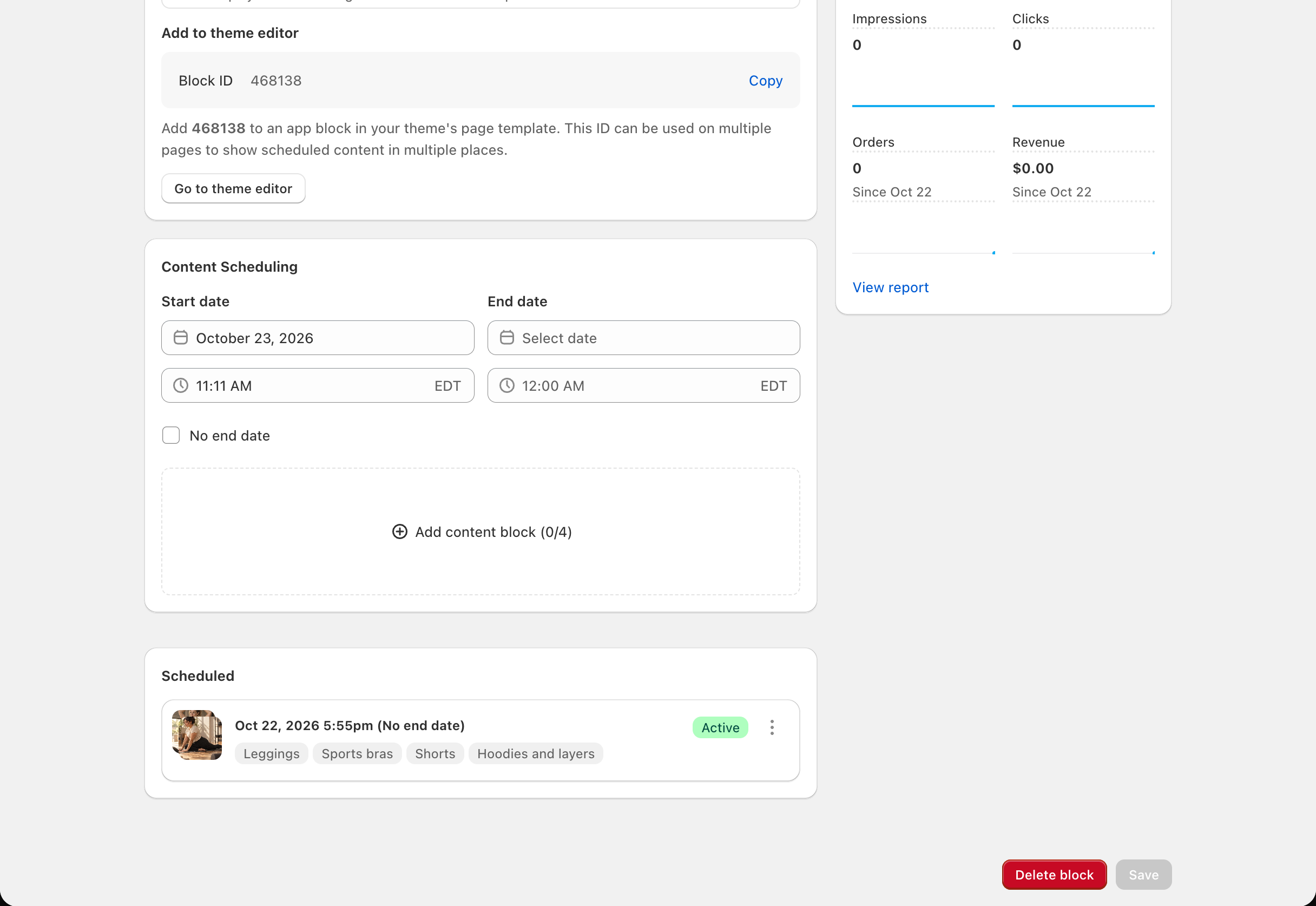 Collection Grid block page > schedule with four content blocks: the four tiles listed and Content limit reached (4/4)