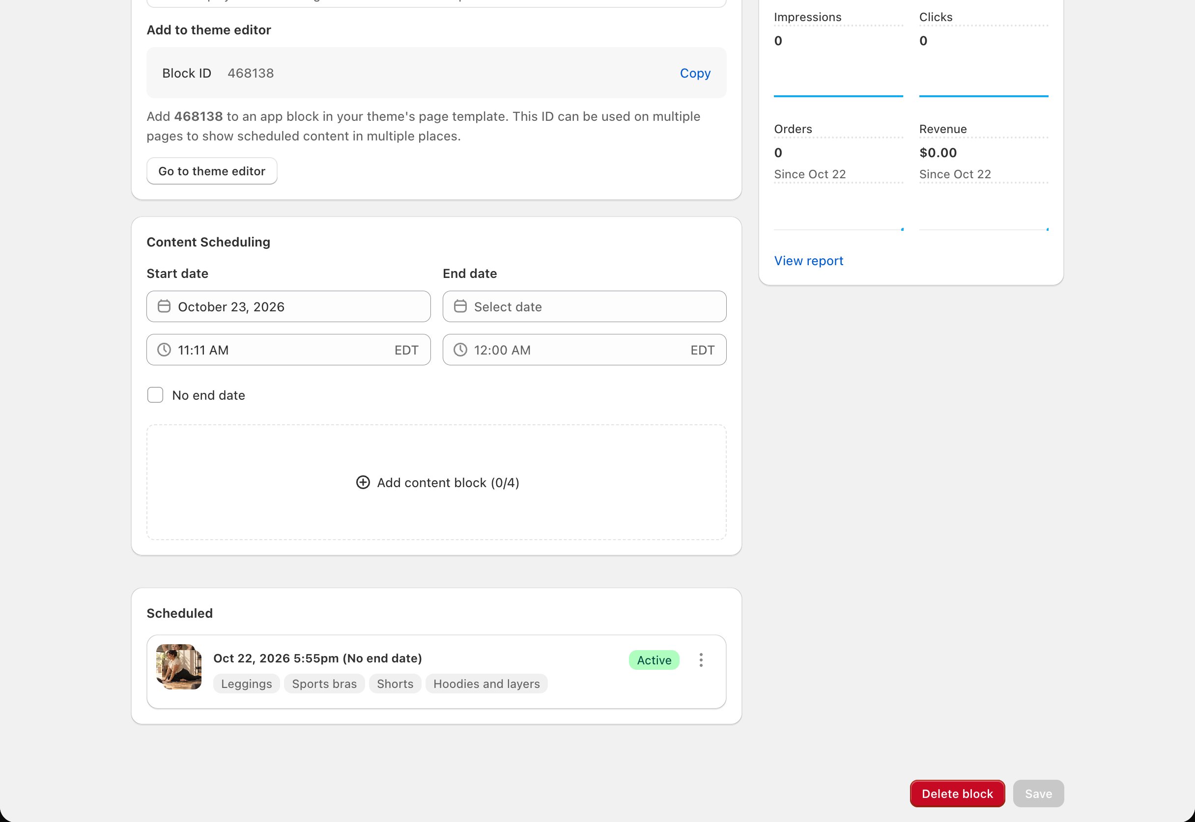 Collection Grid block page > schedule with four content blocks: the four tiles listed and Content limit reached (4/4)