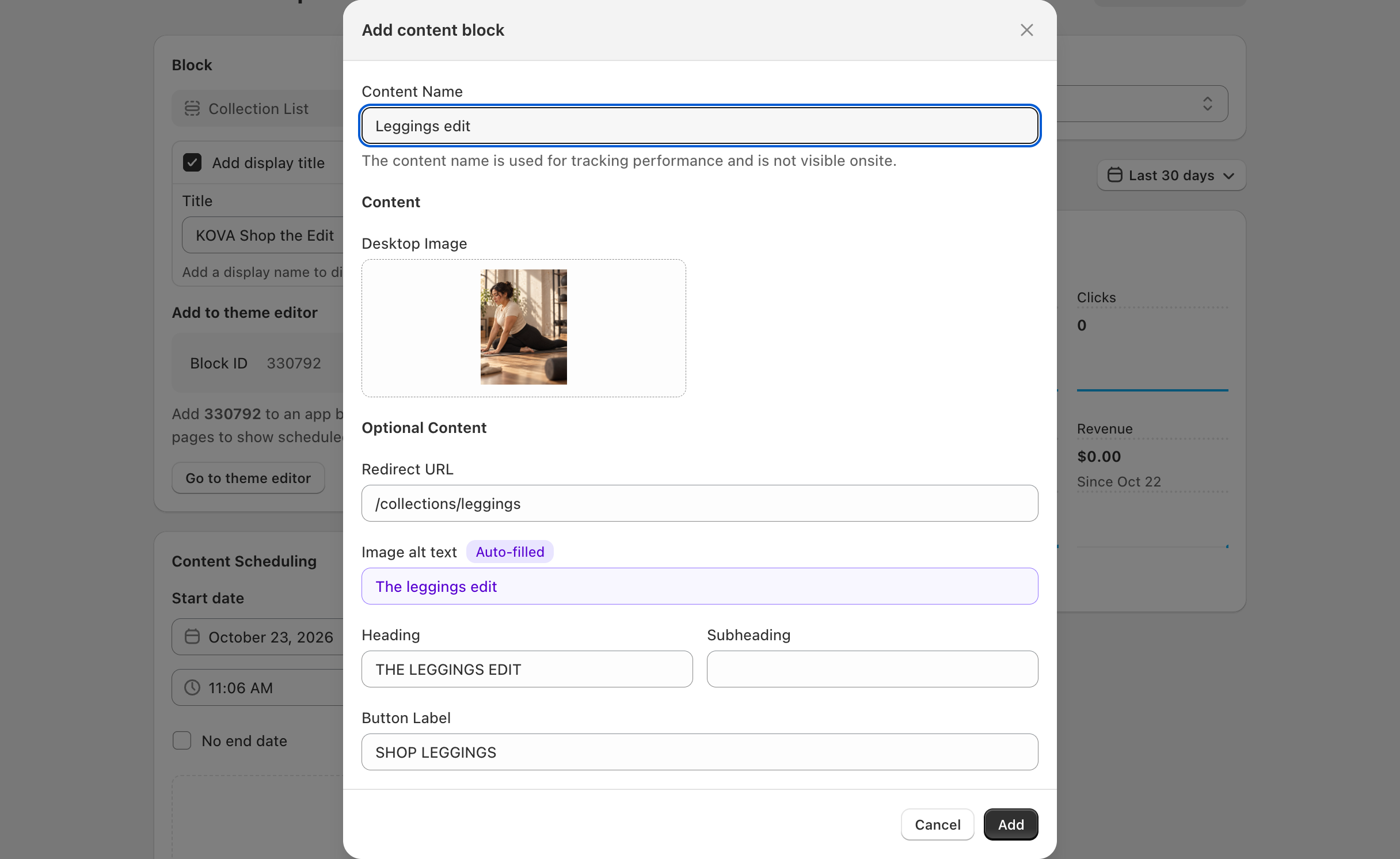 Collection List block page > Add content block > Add content block: Content Name, the Content group (Desktop Image, Mobile Image) and the Optional content group