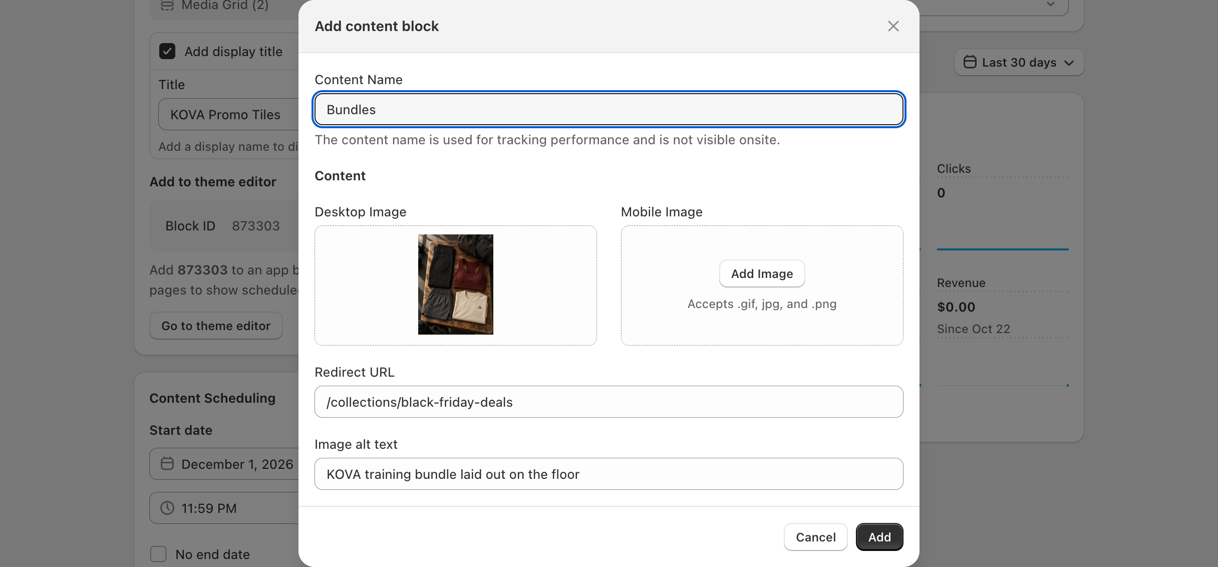 Media Grid (2) block page > Add content block > Add content block: Content Name, Desktop Image, Mobile Image, Redirect URL and Image alt text
