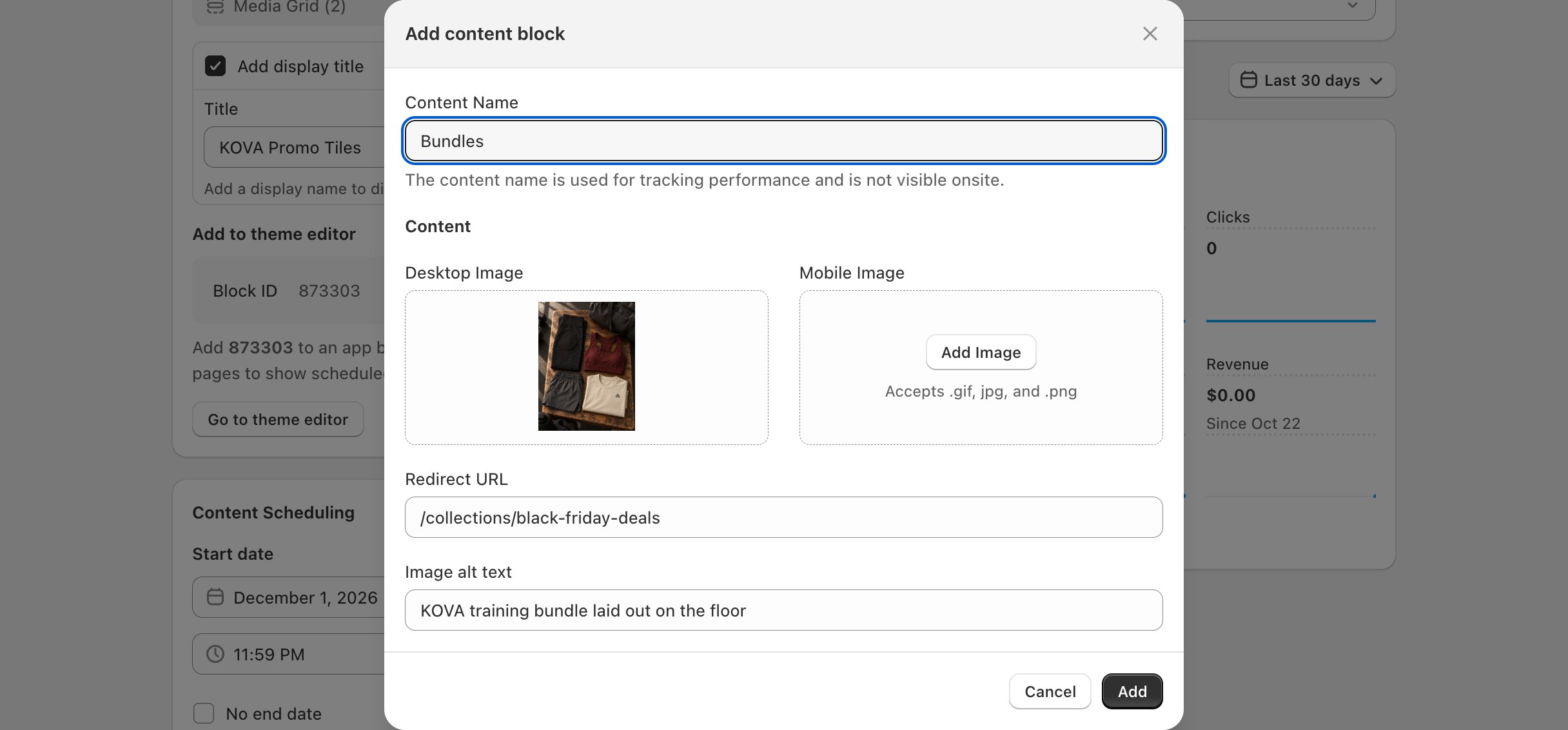 Media Grid (2) block page > Add content block > Add content block: Content Name, Desktop Image, Mobile Image, Redirect URL and Image alt text