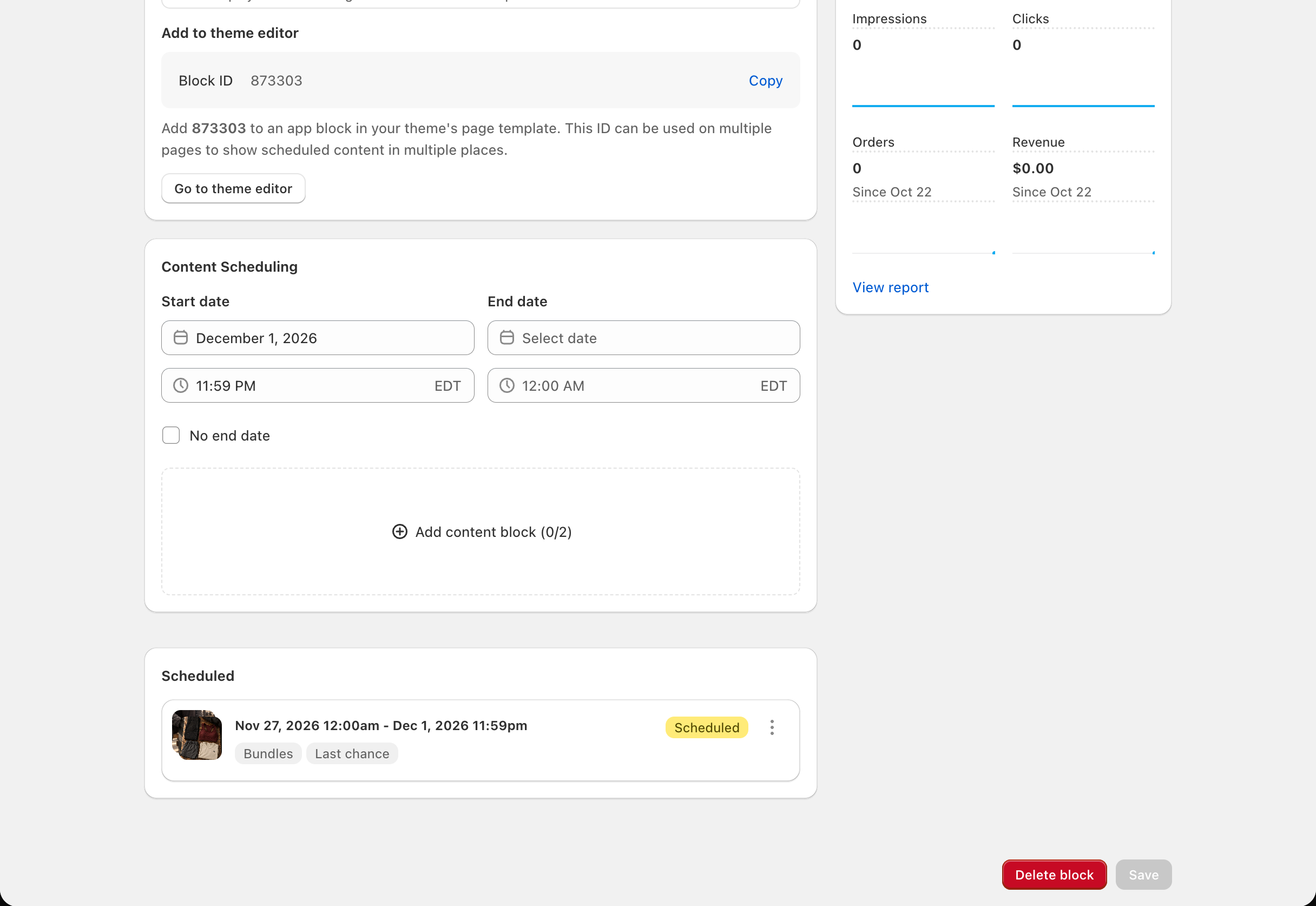 Media Grid (2) block page > schedule with two content blocks: the two tiles listed and Content limit reached (2/2)