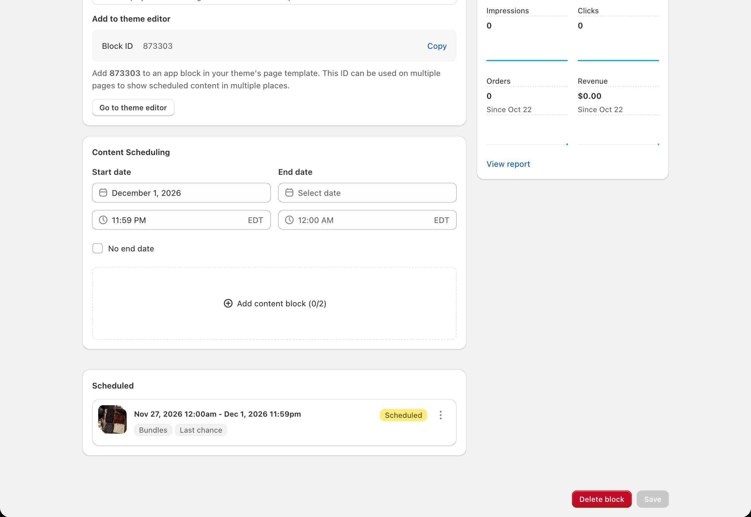 Media Grid (2) block page > schedule with two content blocks: the two tiles listed and Content limit reached (2/2)