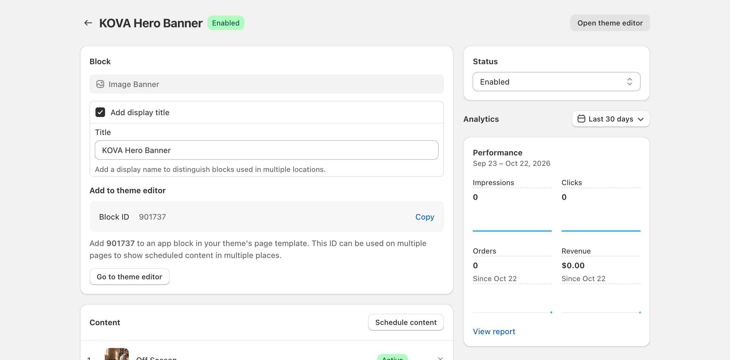 Scheduler > block page: the Enabled badge next to the block name, a schedule card with the Not saved badge, and Active and Scheduled status badges on schedules