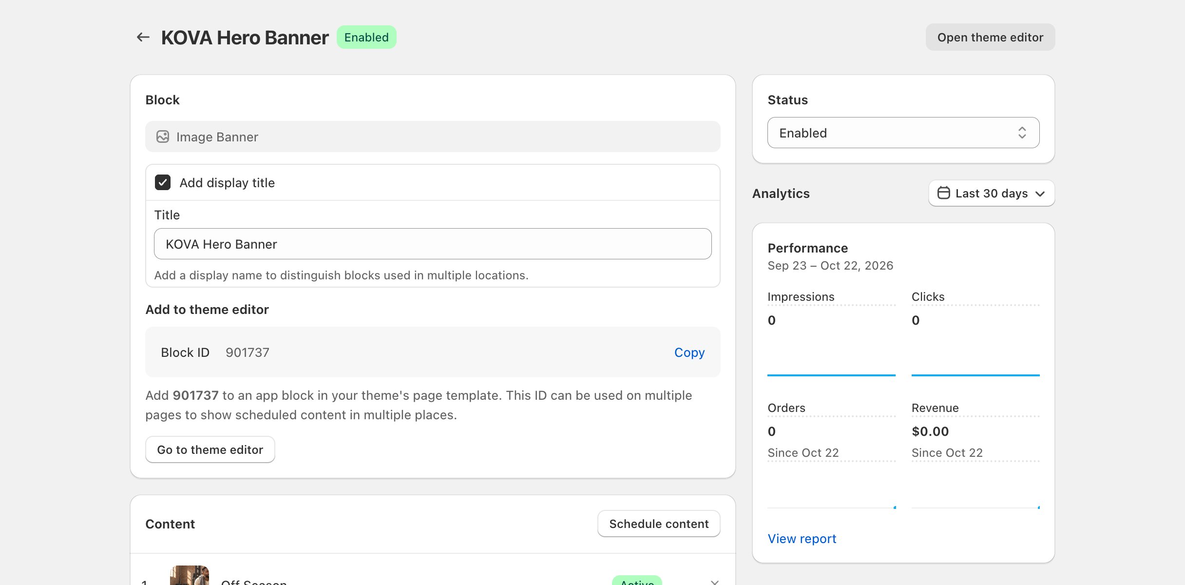 Scheduler > block page: the Enabled badge next to the block name, a schedule card with the Not saved badge, and Active and Scheduled status badges on schedules
