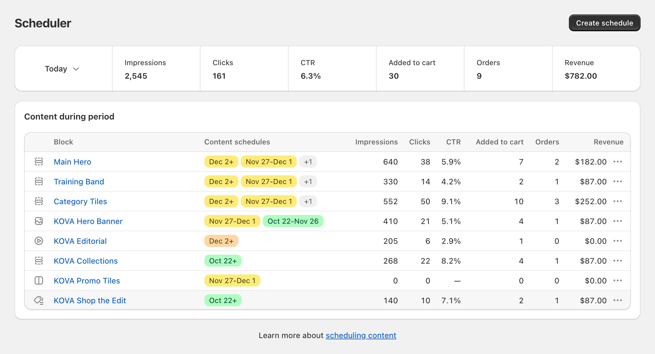 Scheduler: the block table with type icons in the first column, a Not published badge next to one block name, and green, yellow, orange and +2 date badges...