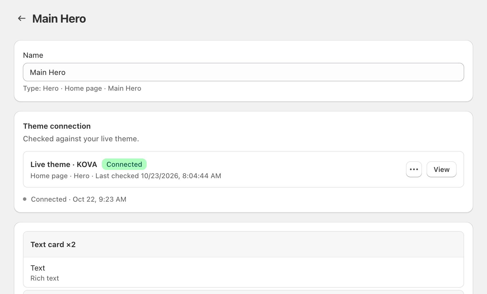 Blocks > theme section page: the Theme connection card with the Connected badge, a field with the Not scheduled badge, and Hidden in the theme editor with...