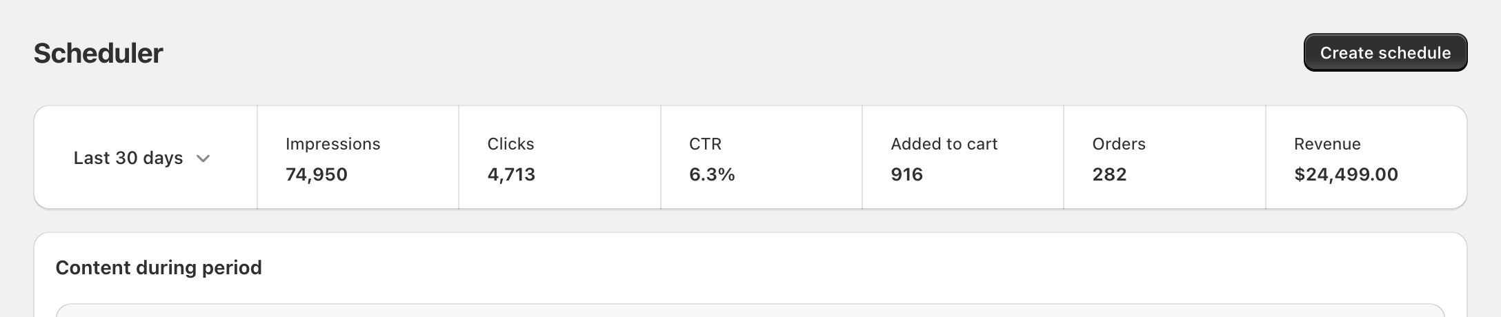 Scheduler: the metrics bar above Content during period with the date picker and Impressions, Clicks, CTR, Added to cart, Orders,...