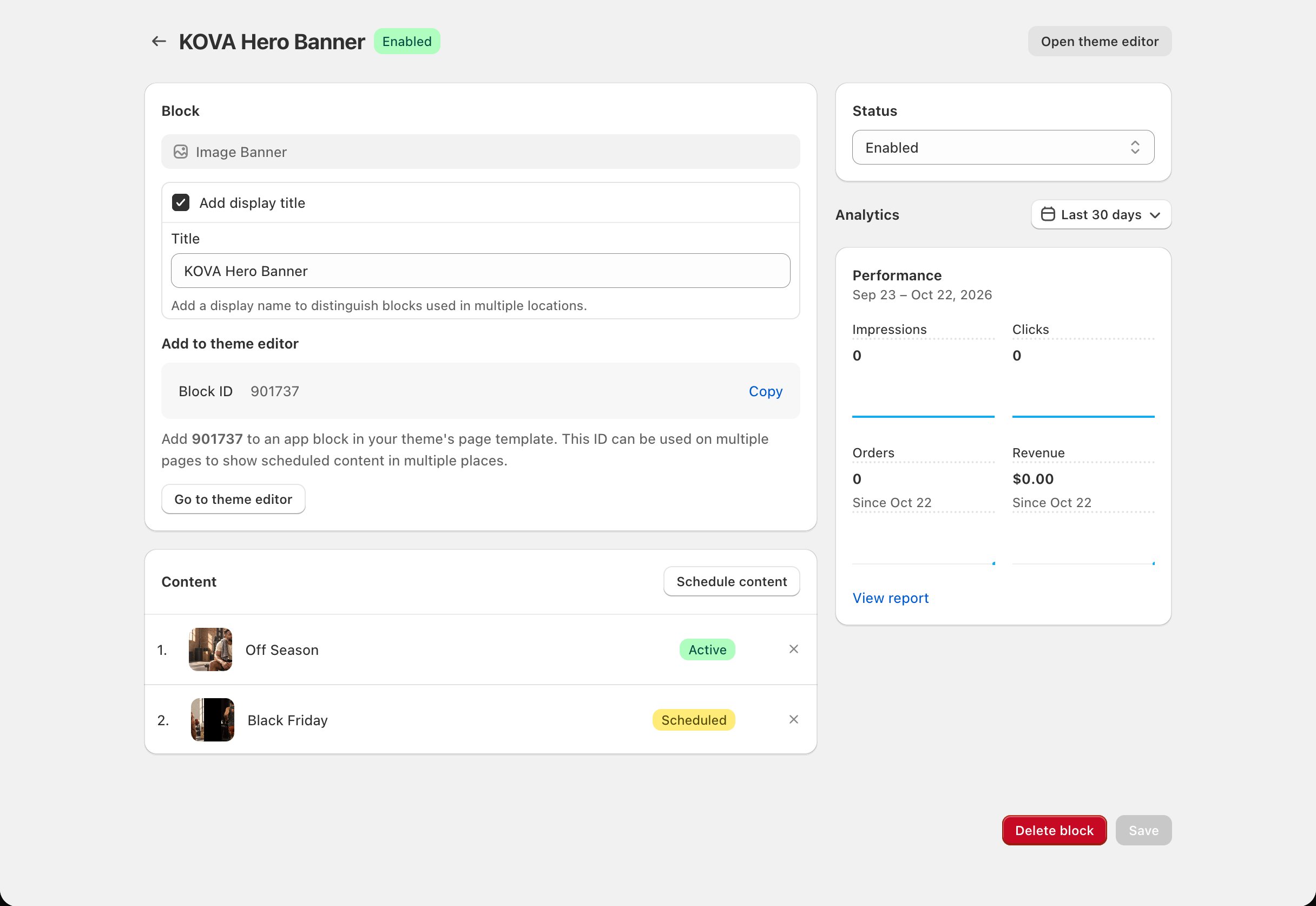 Scheduler > block page: the Scheduled card with one Active and one Scheduled schedule, and the collapsed Inactive card below
