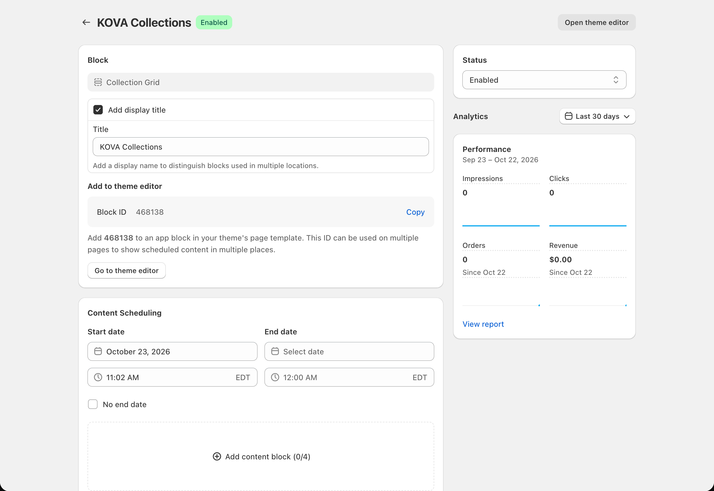Scheduler > Collection Grid block page: the Content Scheduling card with Start date, End date, No End date and the Add content block row