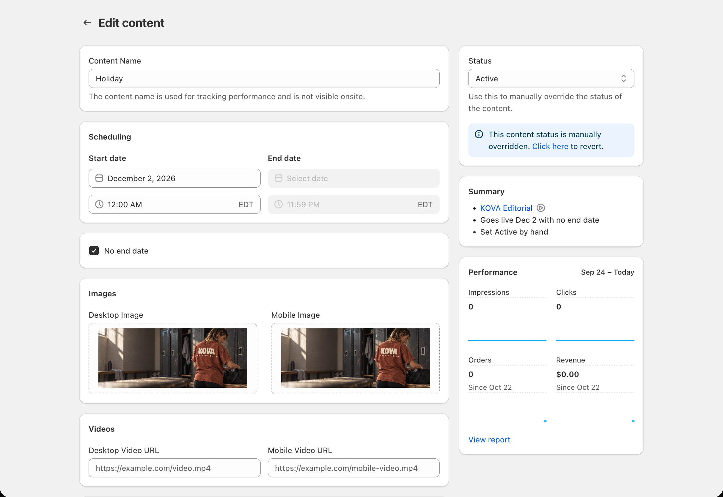 Scheduler > block page > Edit content: the Status card in the sidebar set to Active and the 'This content status is manually overridden' banner