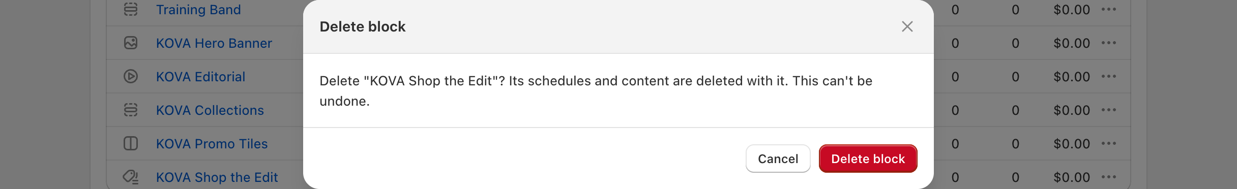 Scheduler home > Delete block: the Delete block confirmation with the block's name and the red Delete block button