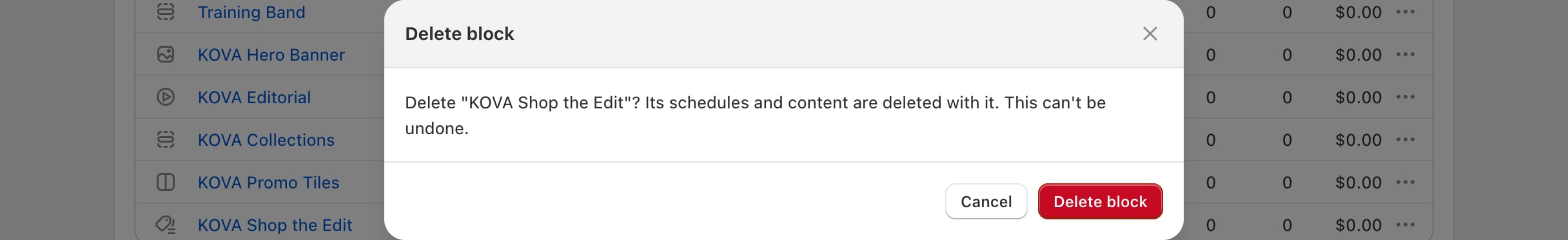 Scheduler home > Delete block: the Delete block confirmation with the block's name and the red Delete block button