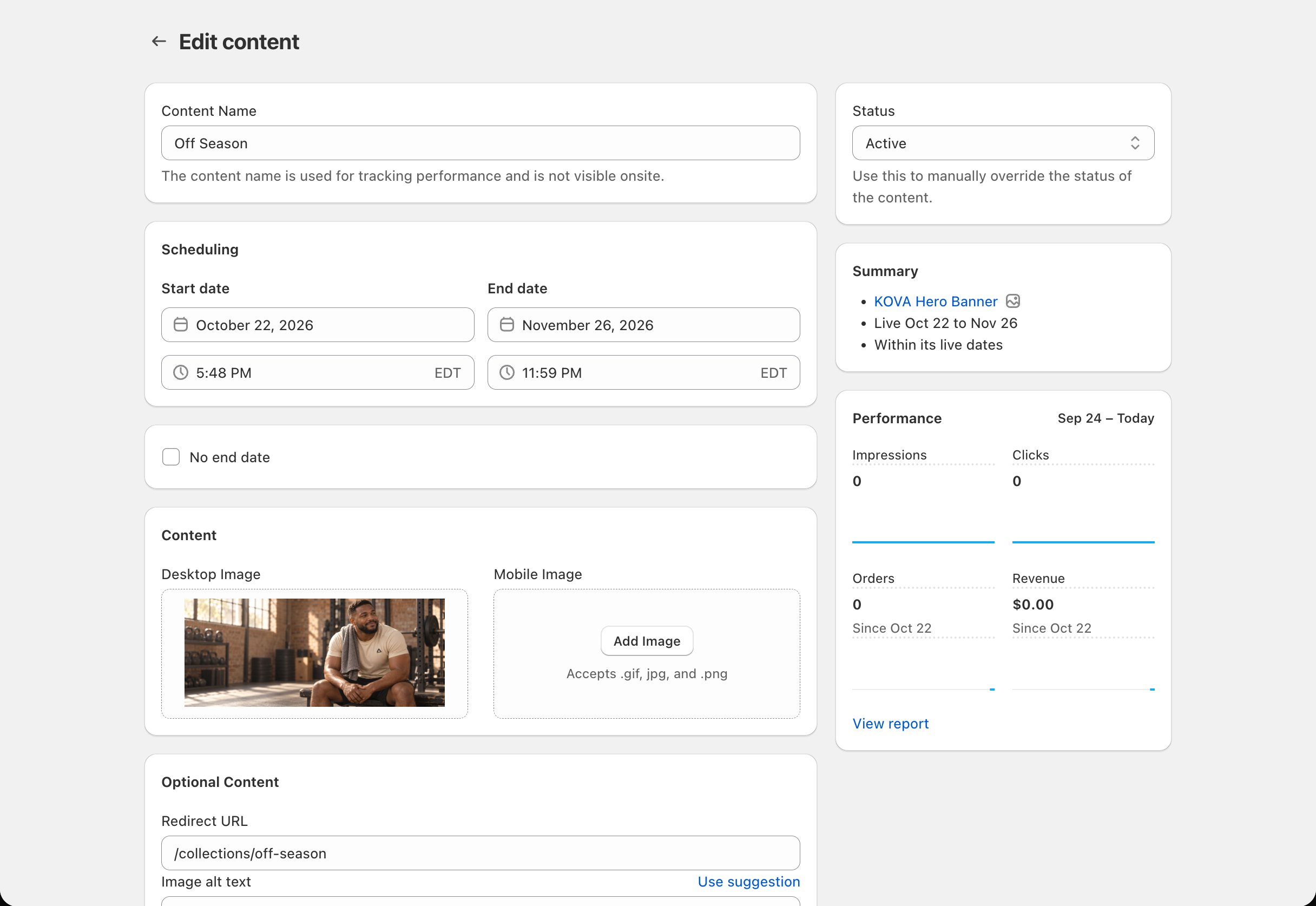 Scheduler > block page > Edit content: the Content Name field, the content fields and the Save button