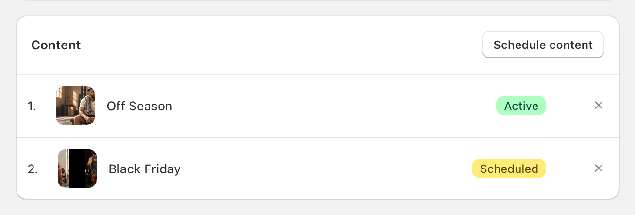 Scheduler > Image Banner block page: the Content card with the Schedule content button