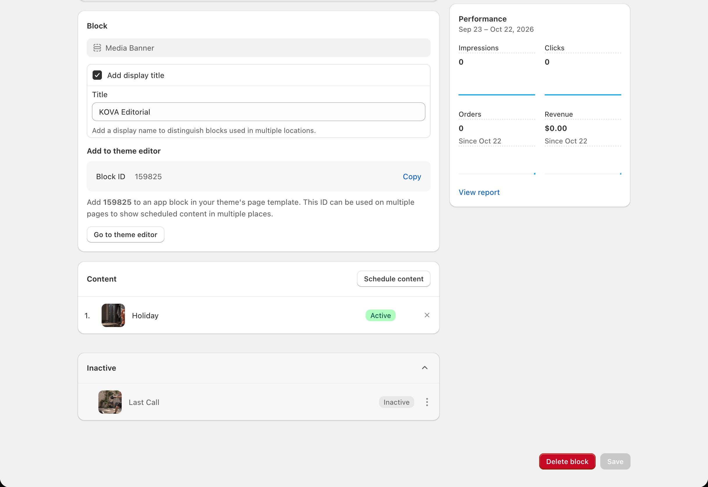 Scheduler > Image Banner block page: the Inactive card open, one item's menu open with Restore and Delete