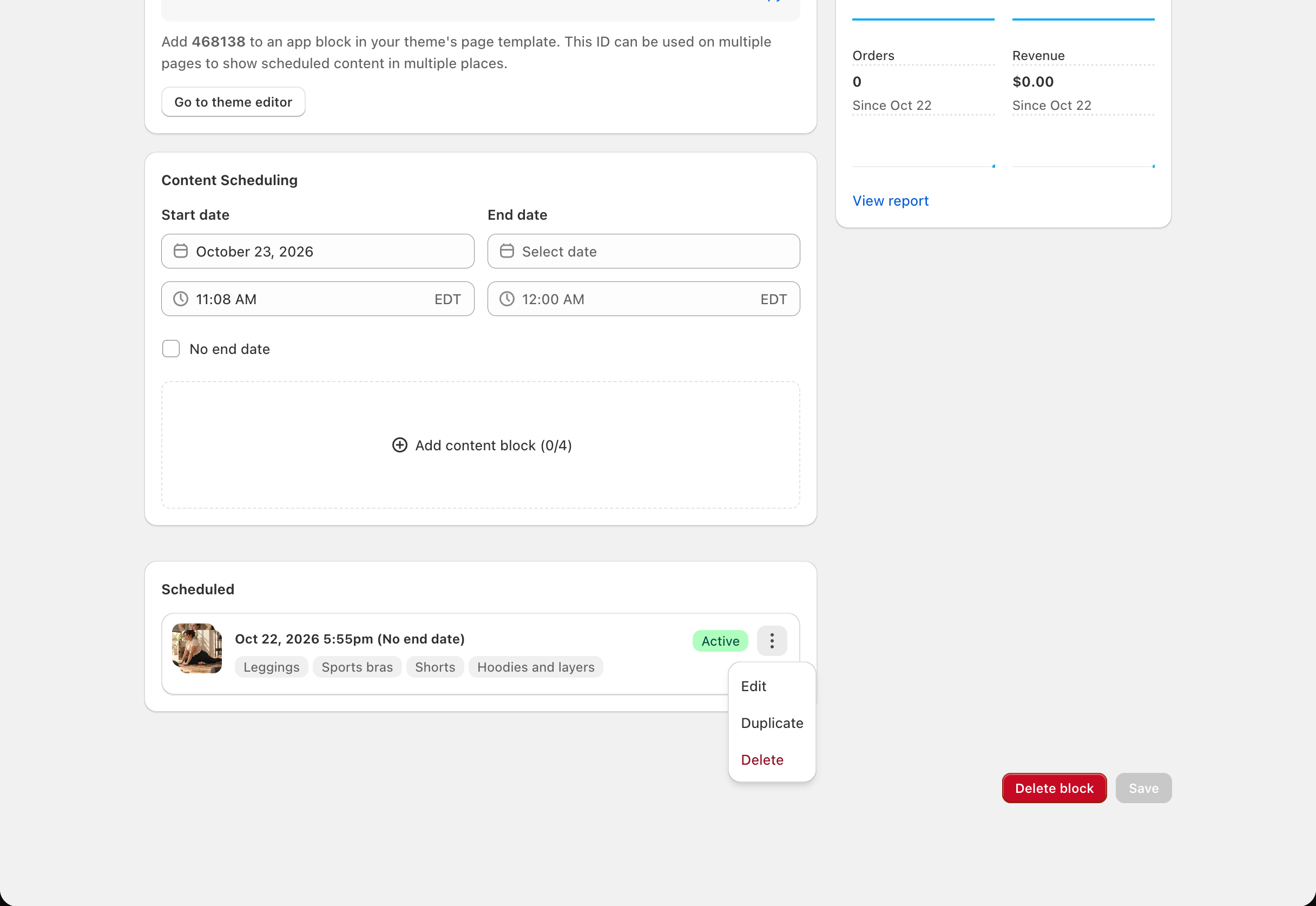 Scheduler > block page: a schedule's menu open with Edit, Duplicate and Delete
