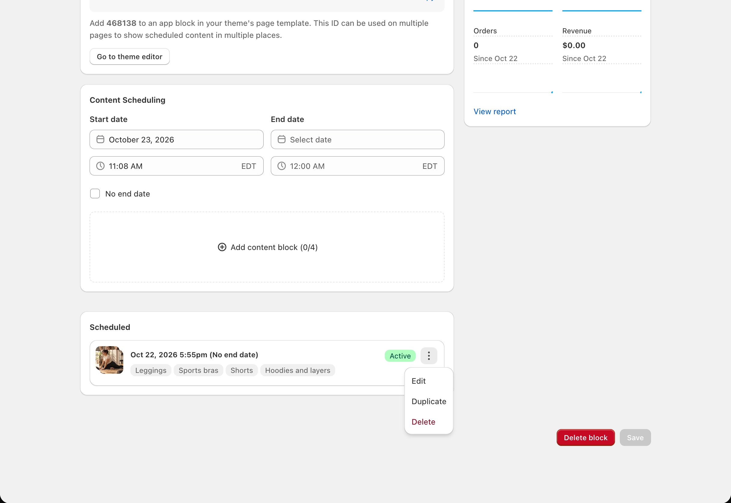 Scheduler > block page: a schedule's menu open with Edit, Duplicate and Delete
