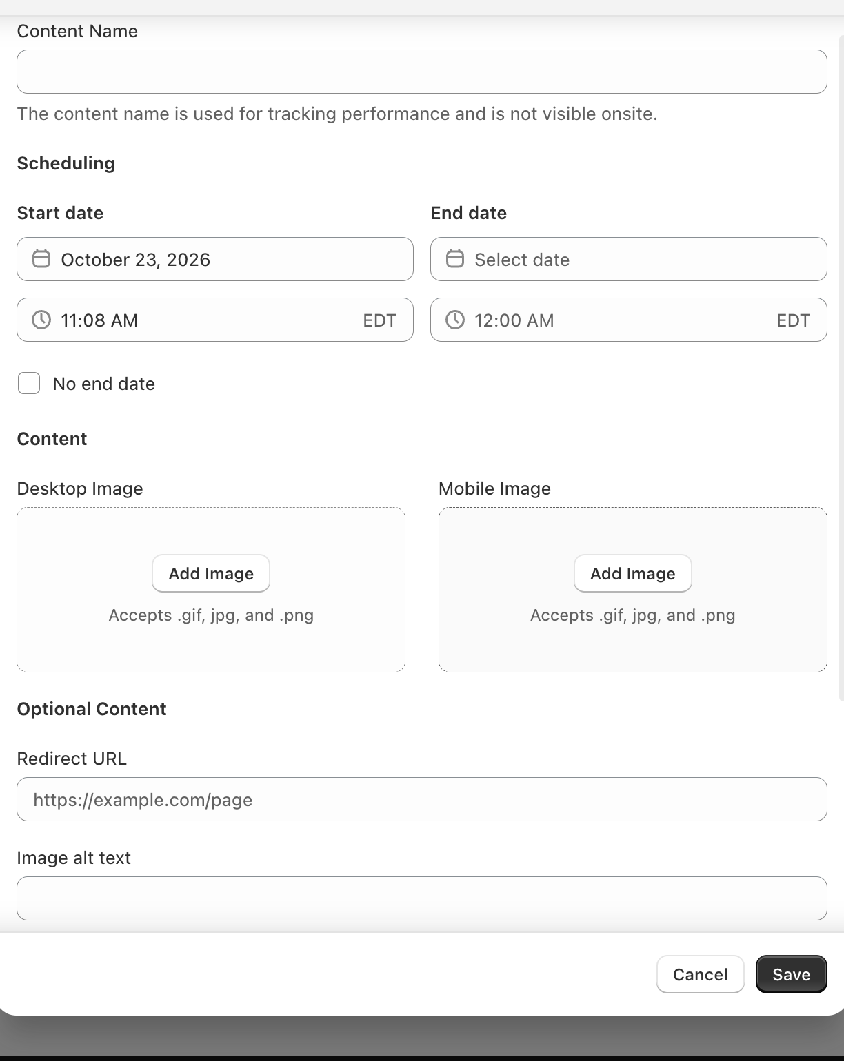 Scheduler > block page > date and time fields: a Start date with its time and the store time zone abbreviation next to it