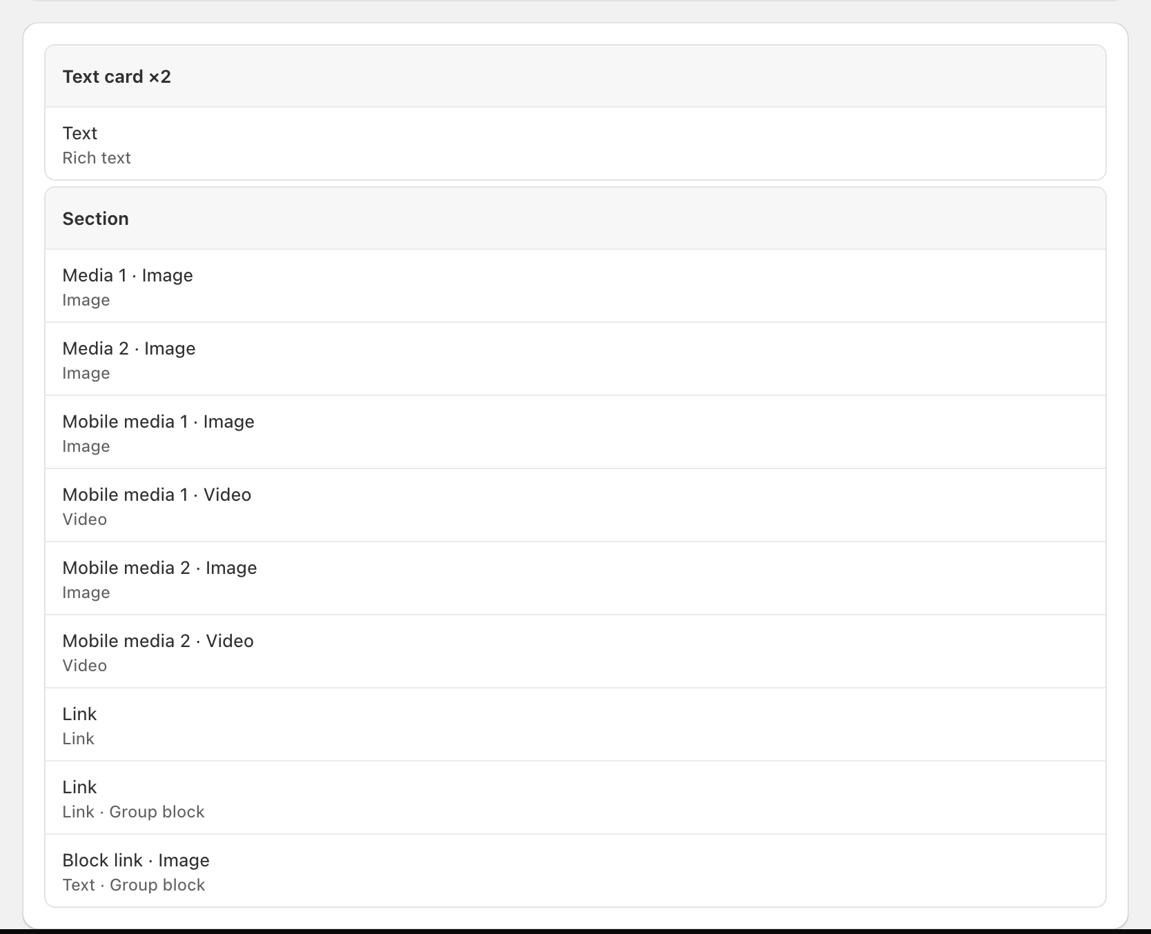 theme section page > fields card: a card group and a Section group, several switches on and one off with the Not scheduled badge