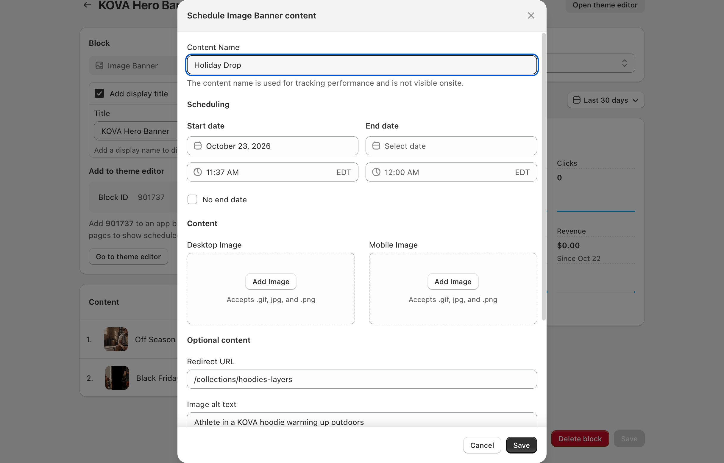 Image Banner block page > Schedule content > Schedule Image Banner content: the Scheduling, Content and Optional content groups with all fields
