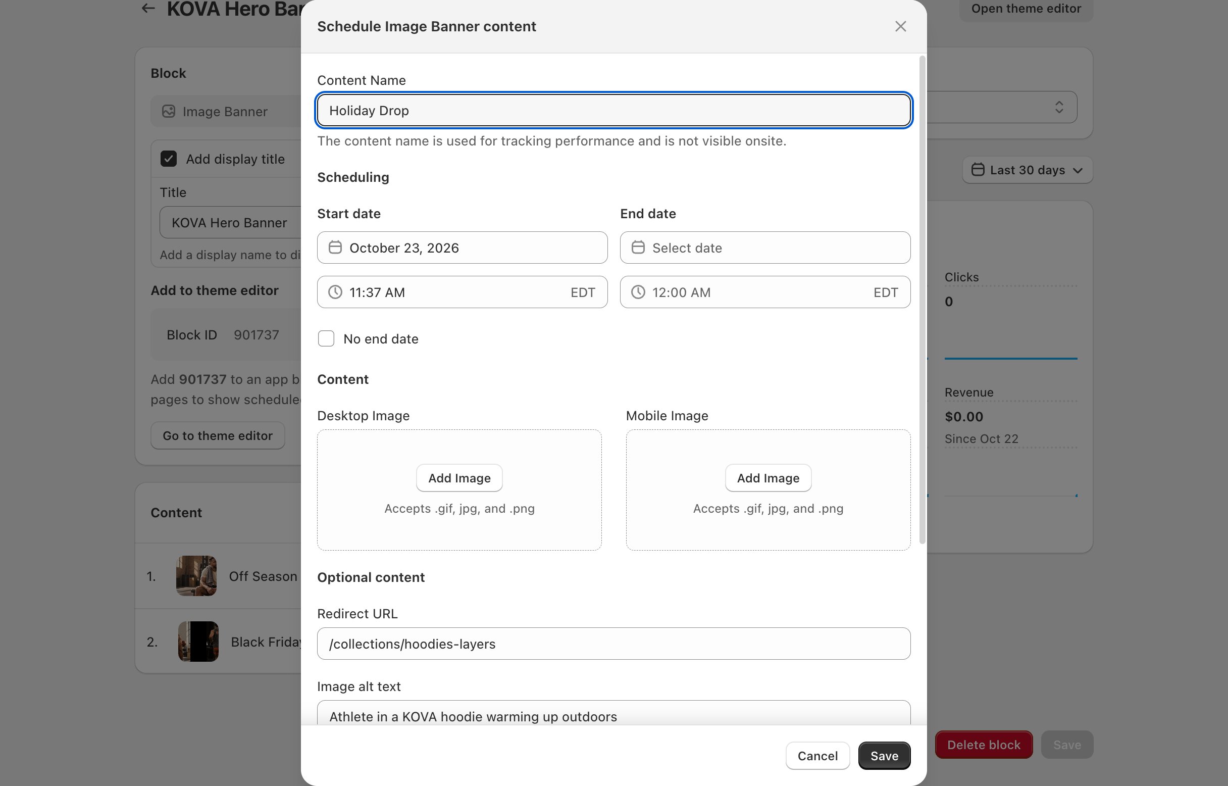 Image Banner block page > Schedule content > Schedule Image Banner content: the Scheduling, Content and Optional content groups with all fields