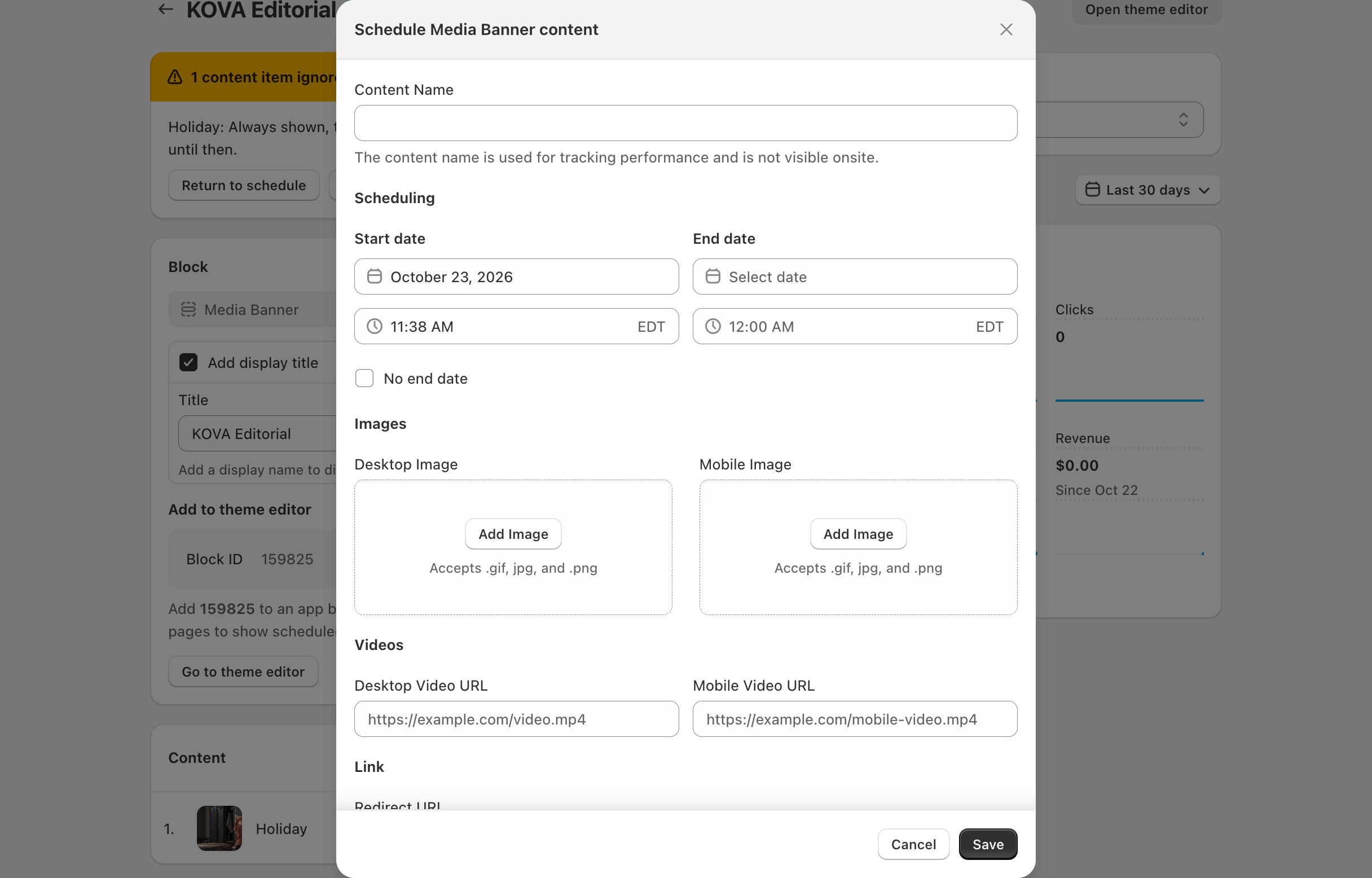 Media Banner block page > Schedule content > Schedule Media Banner content: the Scheduling, Images, Videos and Link groups