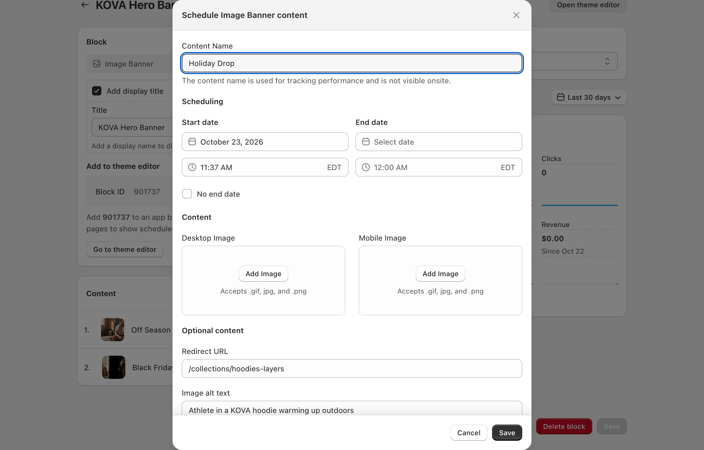 Scheduler > Image Banner block page > Schedule Image Banner content: the Content Name field and the Scheduling section with Start date, End date and No End date