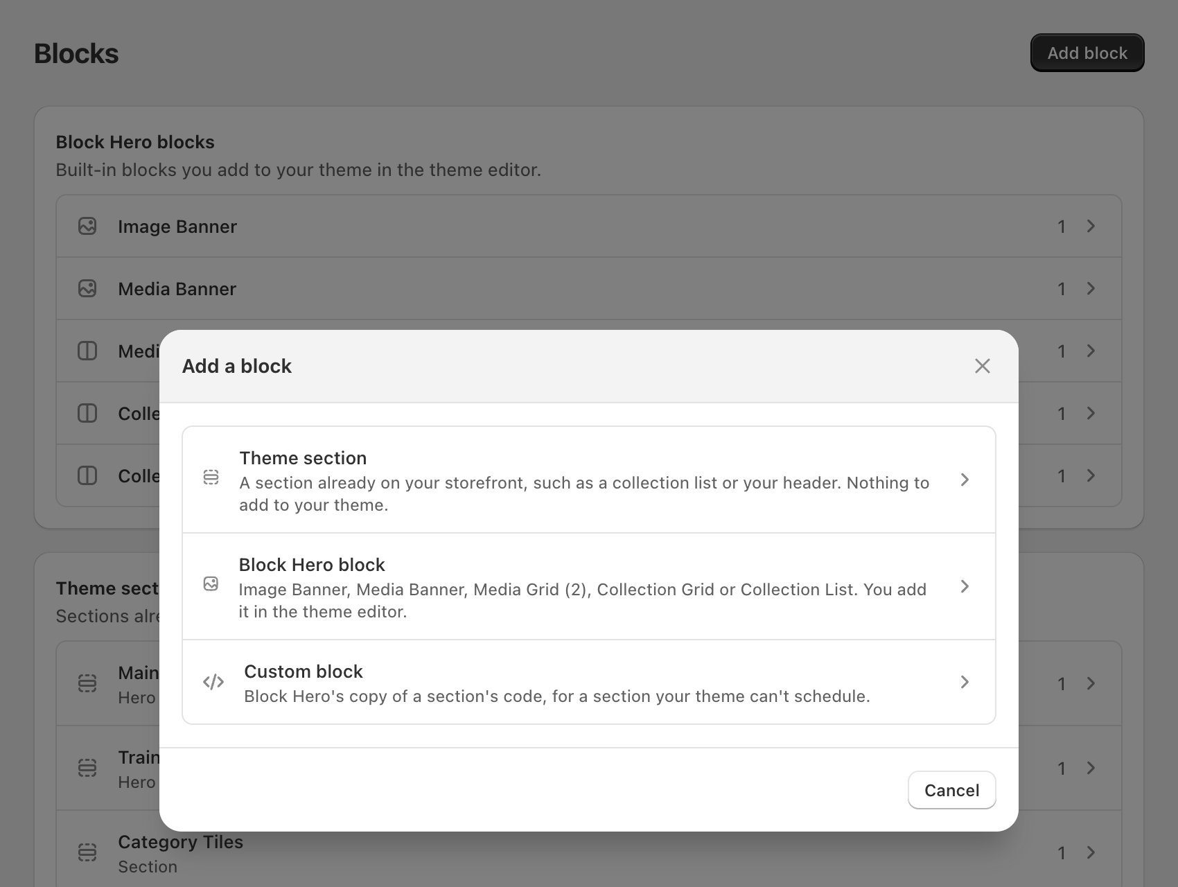 Blocks > Add block > Add a block modal: the three rows
