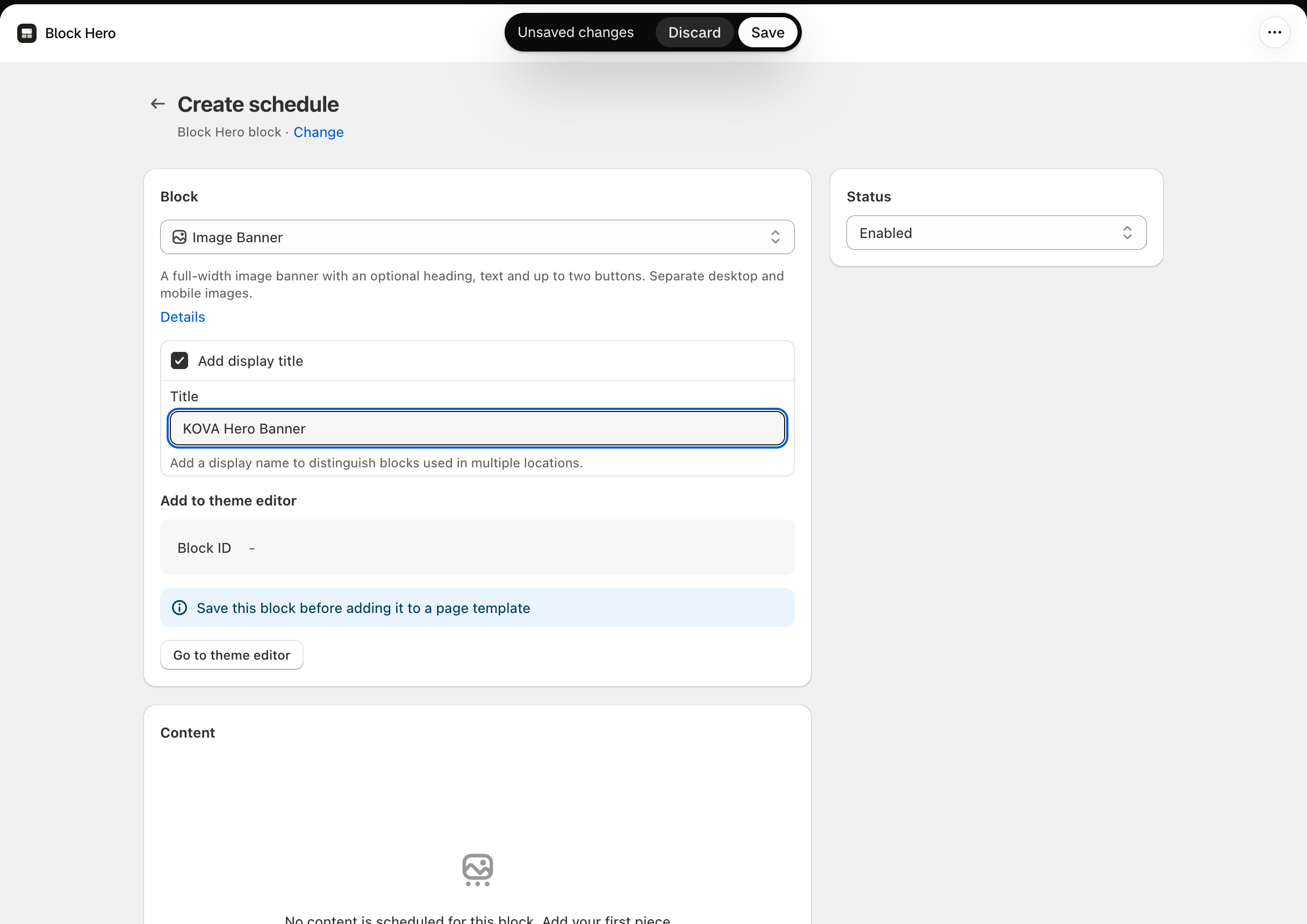 Create schedule page for a new Image Banner: the Block card with Image Banner picked, Add display title ticked with a Title, the Add to theme editor box...