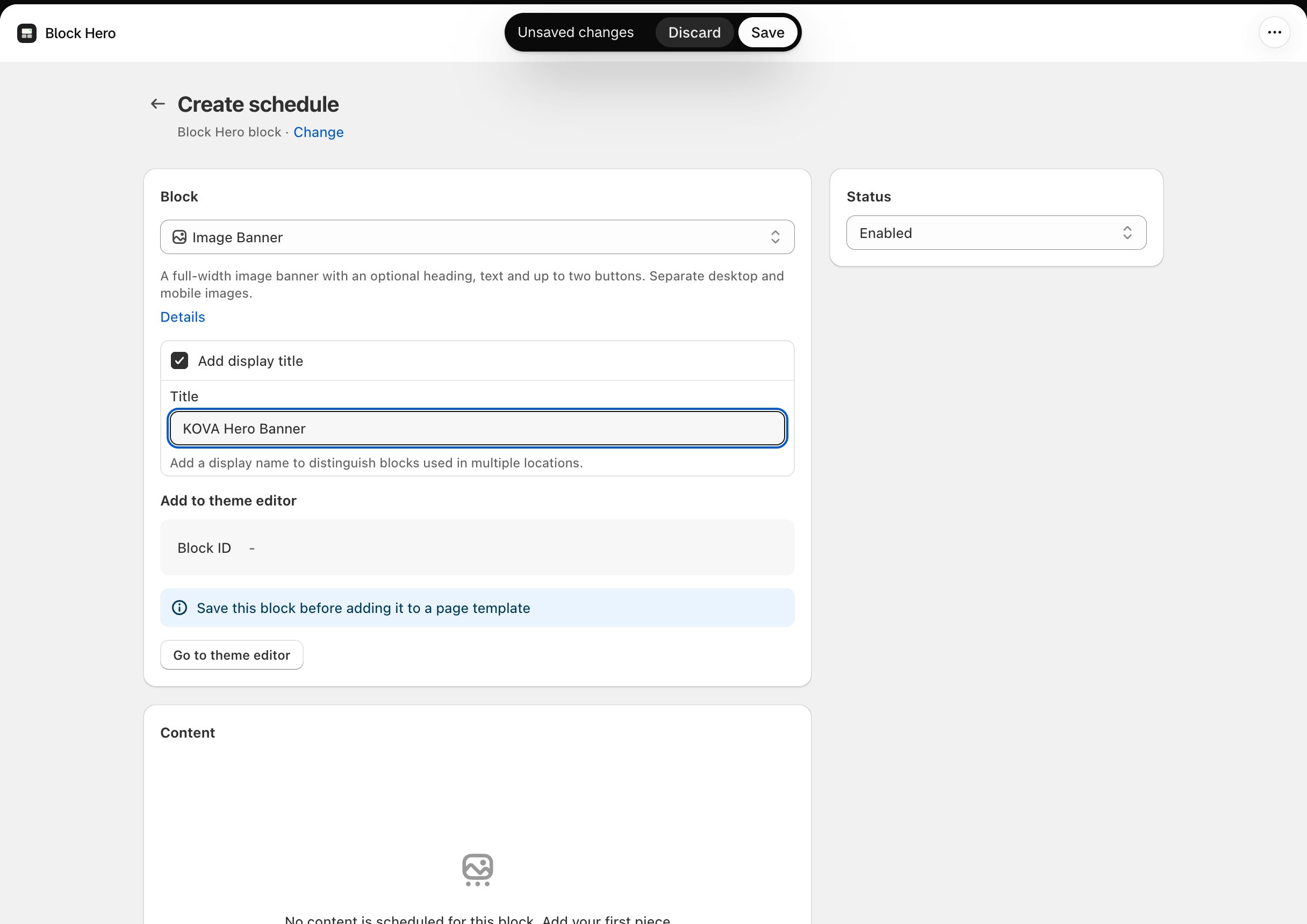 Create schedule page for a new Image Banner: the Block card with Image Banner picked, Add display title ticked with a Title, the Add to theme editor box...