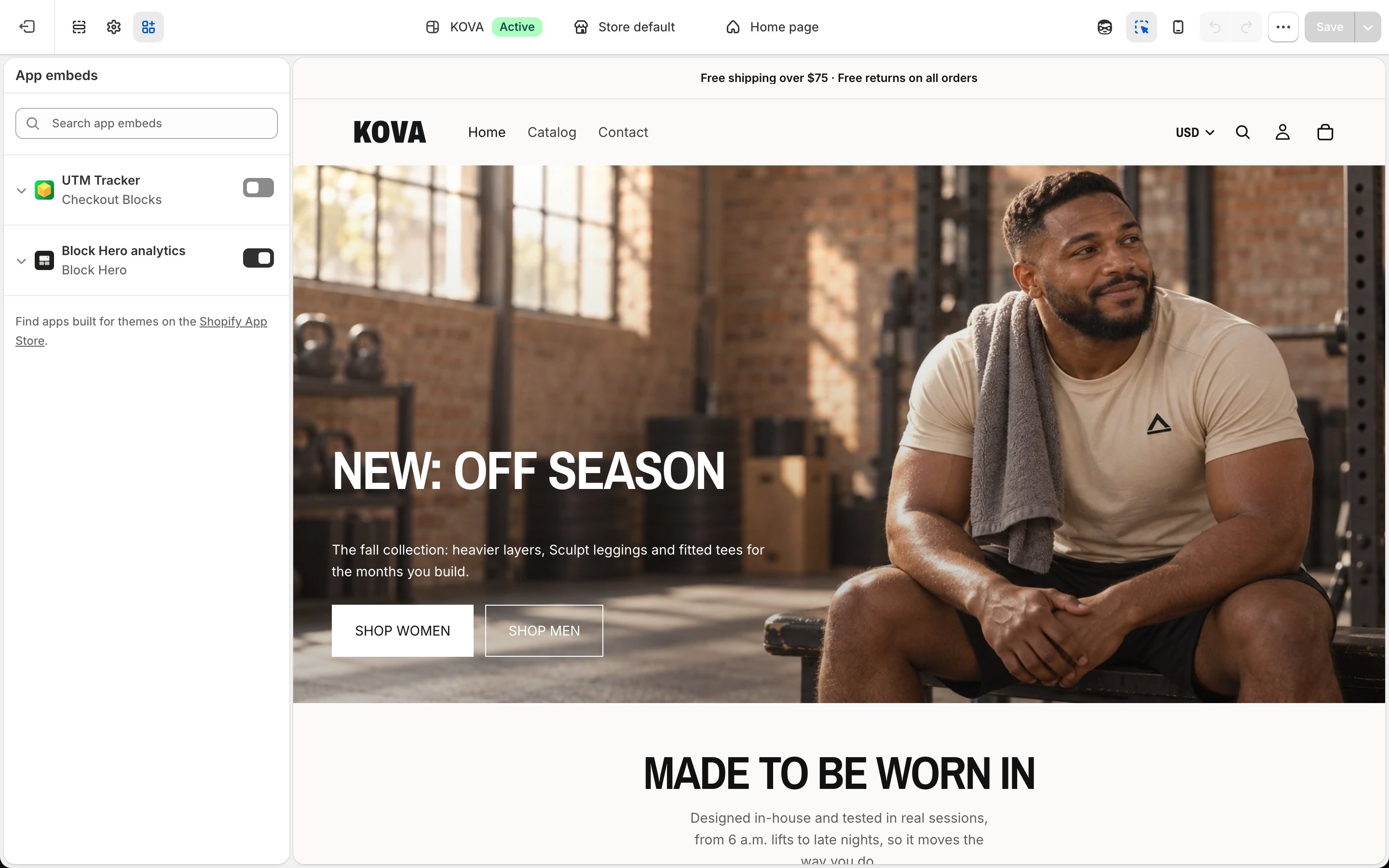Shopify theme editor, App embeds panel: the App embeds icon in the left sidebar