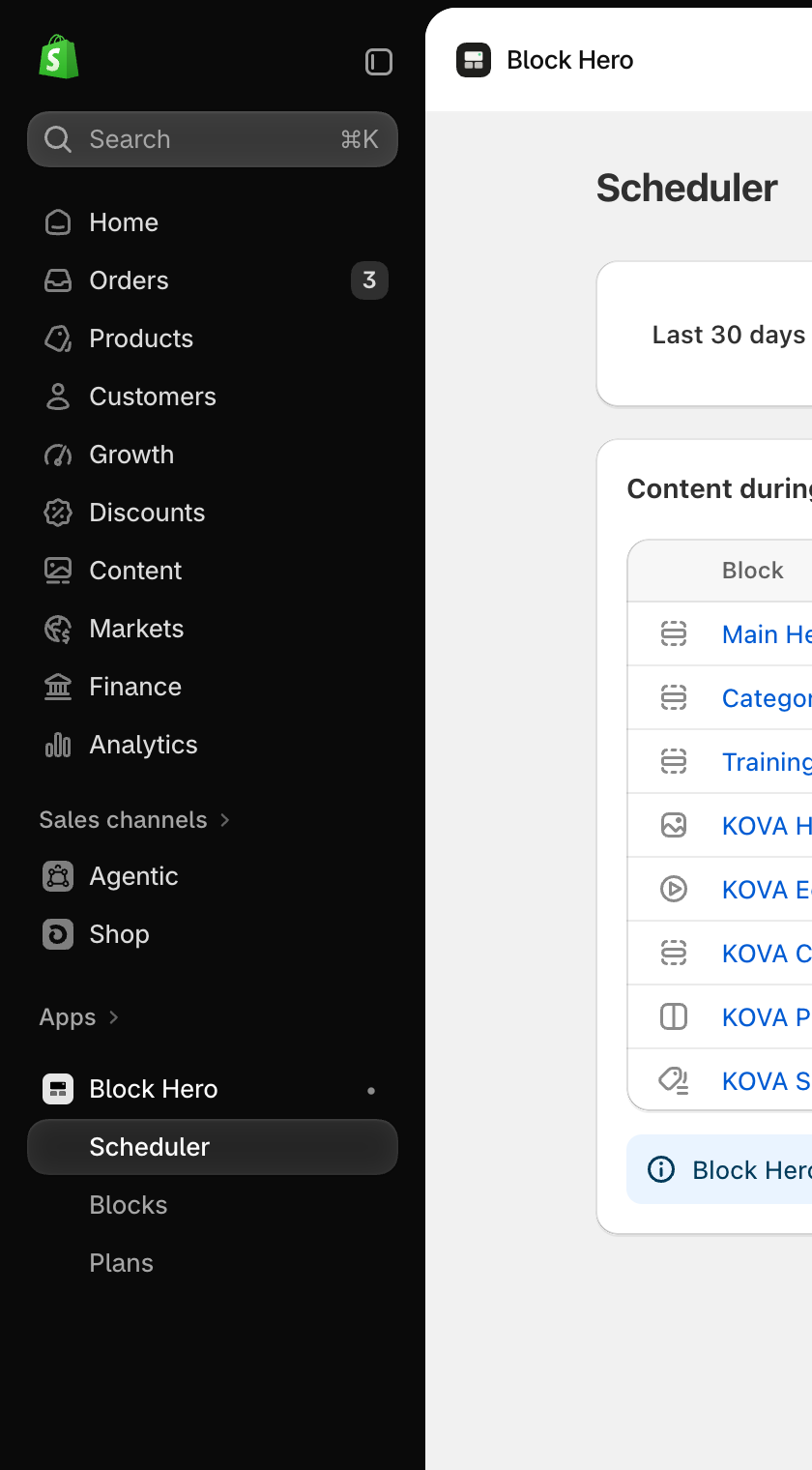 Shopify admin sidebar with Block Hero open: the Scheduler, Blocks and Plans menu items under Block Hero