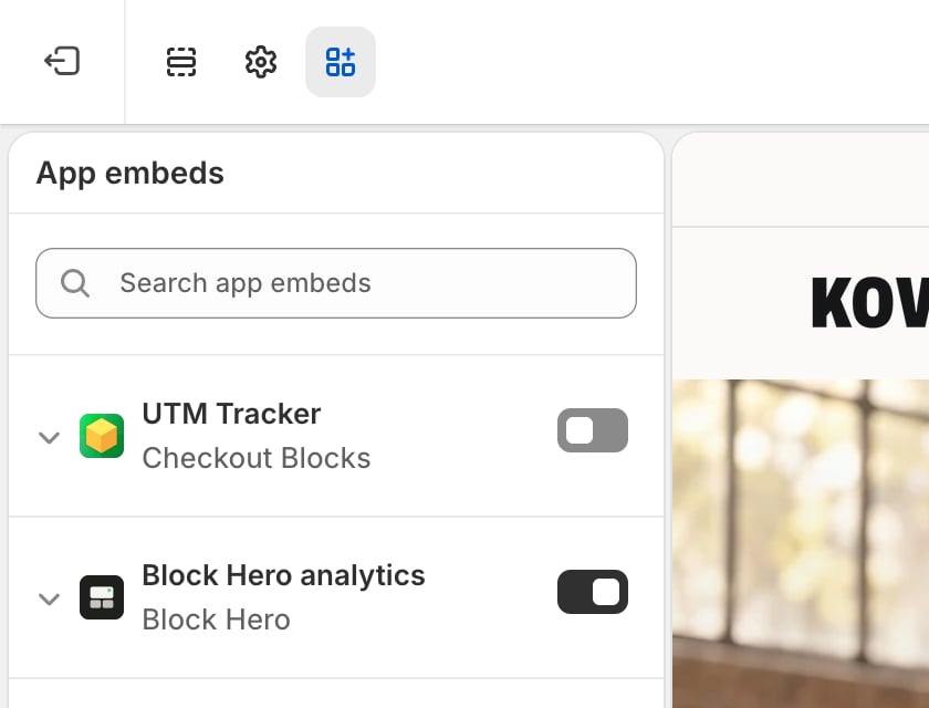 Shopify theme editor, App embeds panel: the Block Hero analytics toggle switched on