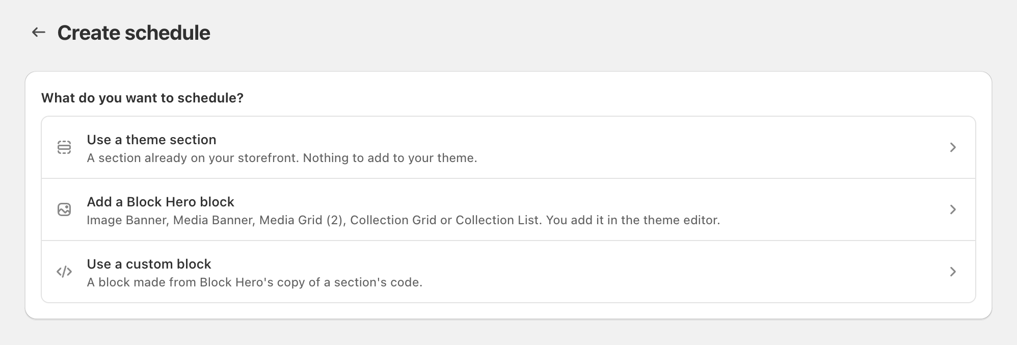 Create schedule: the 'What do you want to schedule?' card with the Use a theme section and Add a Block Hero block rows