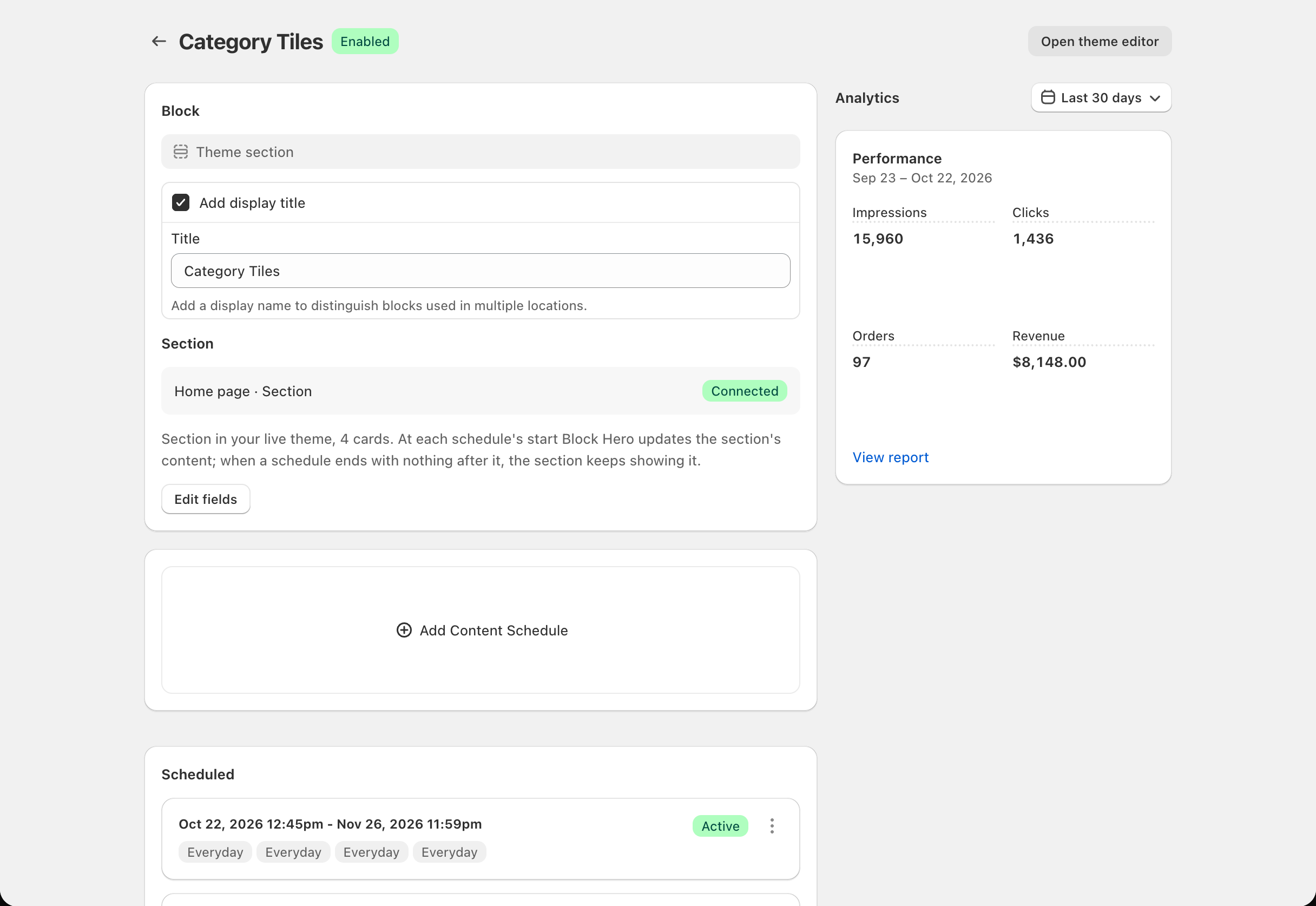 Scheduler > block page: the Analytics heading with the date picker, the Performance card with four numbers and trend lines, and the By schedule card with...