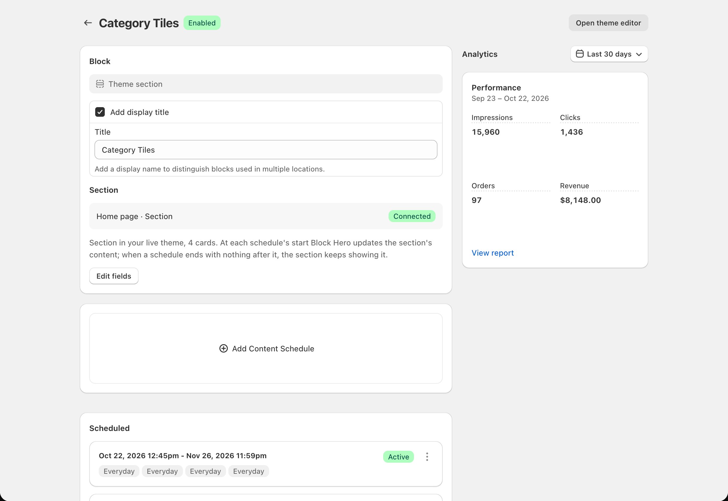 Scheduler > block page: the Analytics heading with the date picker, the Performance card with four numbers and trend lines, and the By schedule card with...