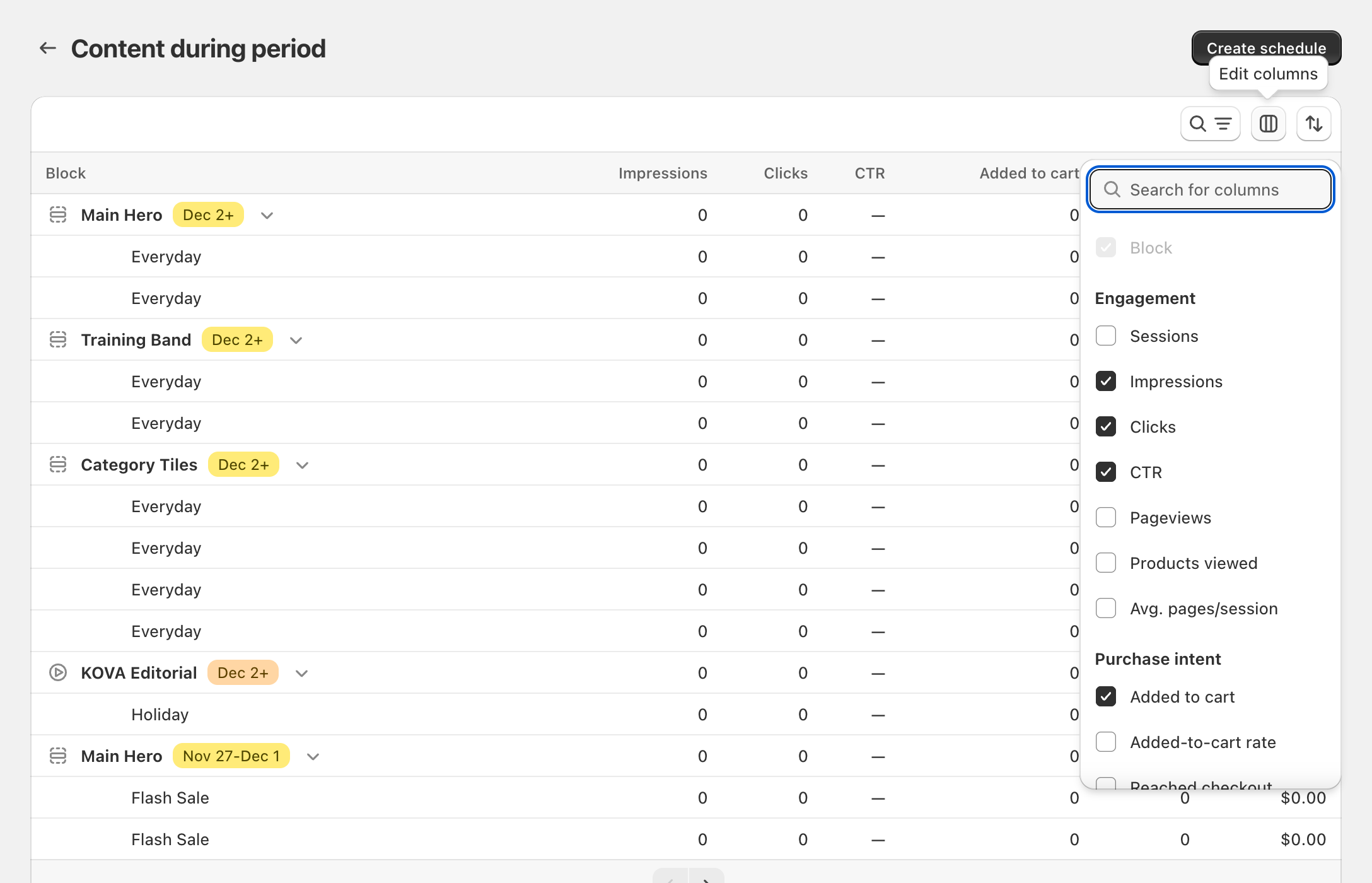 Content during period: the column picker open with Search for columns and the Engagement, Purchase intent and Revenue groups